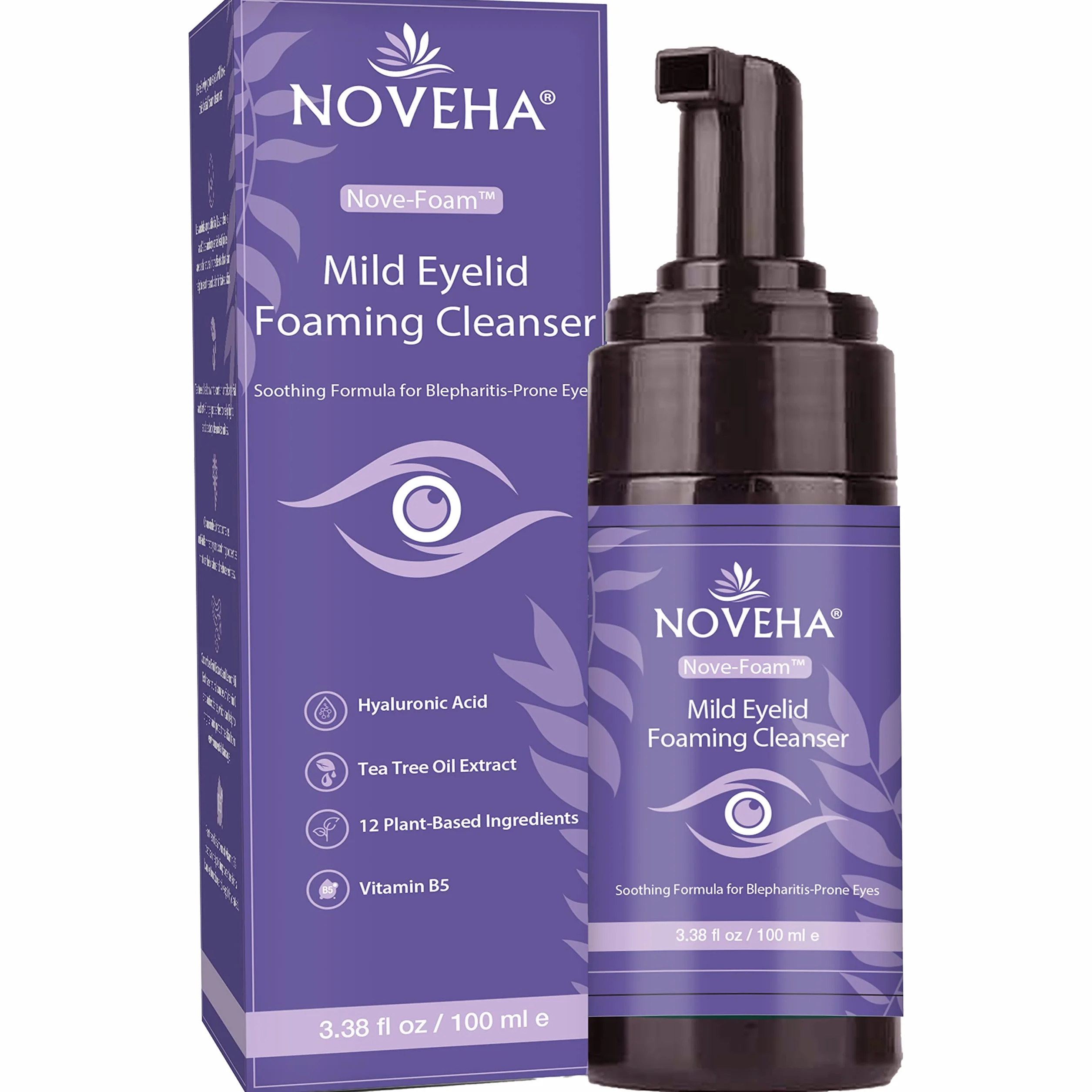 NOVEHA detergente schiumogeno per palpebre alla lavanda e olio di tea tree, idratante ipoallergenico per ciglia, demodex e MGD
