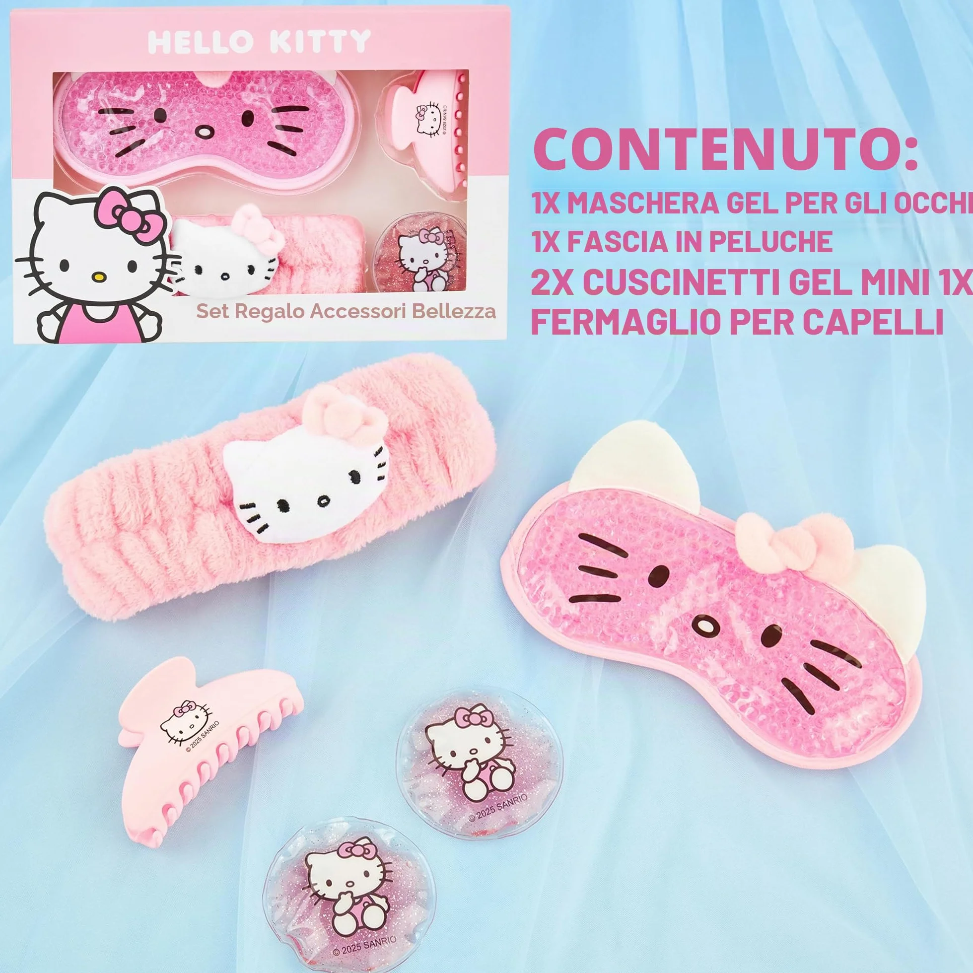 Hello Kitty Sanrio Maschera Occhi Gel Freddo Set Beauty Accessori, Kawaii Fermagli Capelli Fascia Capelli, Coccole Anime Regalo Donna Adolescenti (Rosa Hello Kitty)
