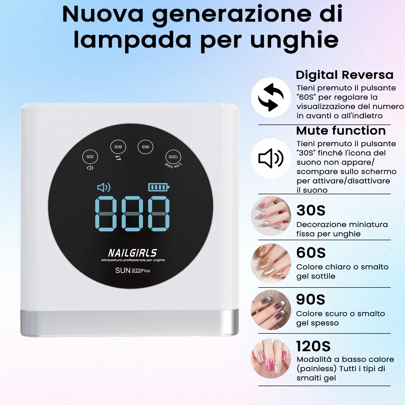 NAILGIRLS Lampada LED UV Professionale per Unghie 150W Ricaricabile Senza Fili 4 Modalità Timer Sensore Automatico