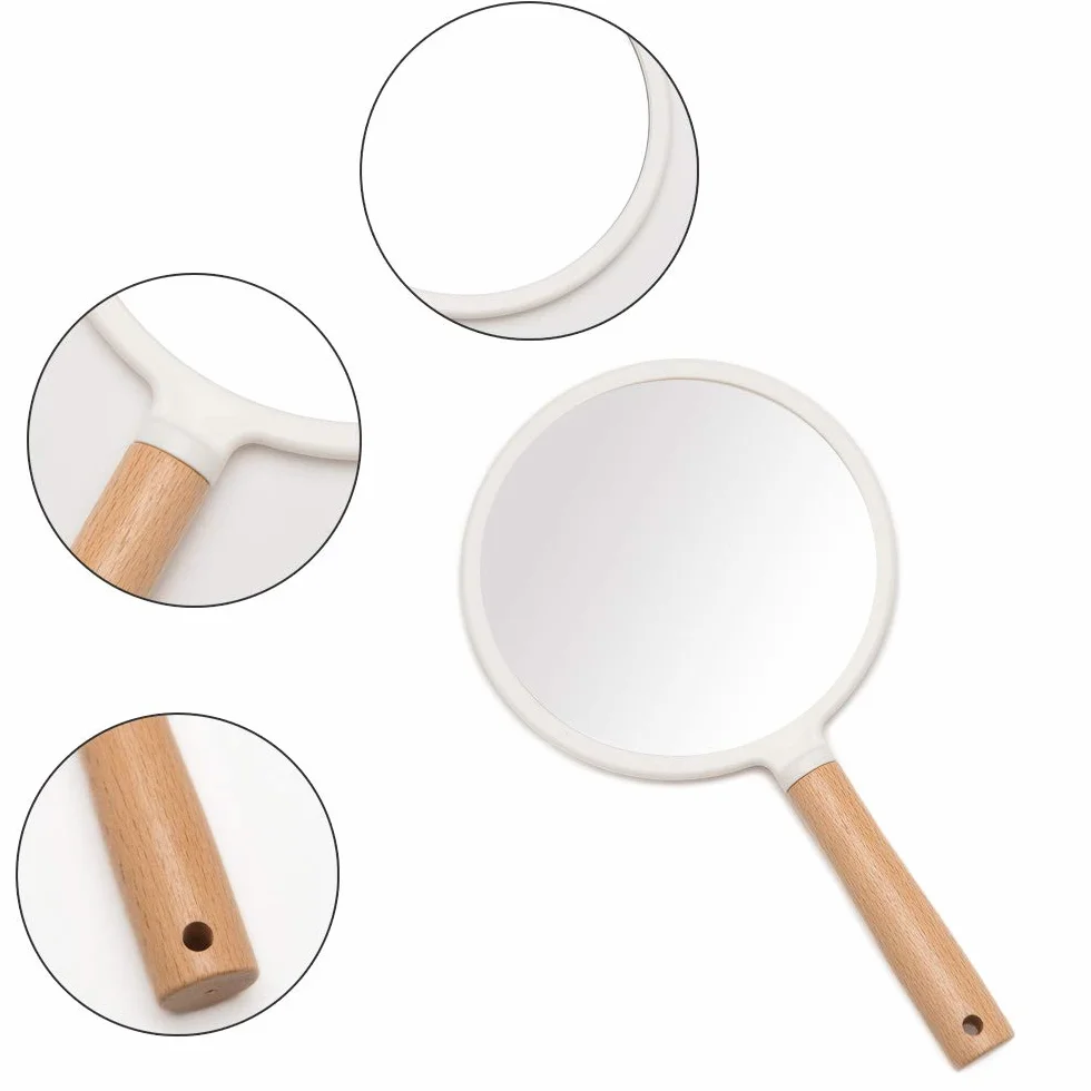 YEAKE Specchio a mano con manico per trucco, piccolo specchio in legno carino per rasatura con foro da appendere su un lato, portatile, da viaggio, per uomini e donne (rotondo)