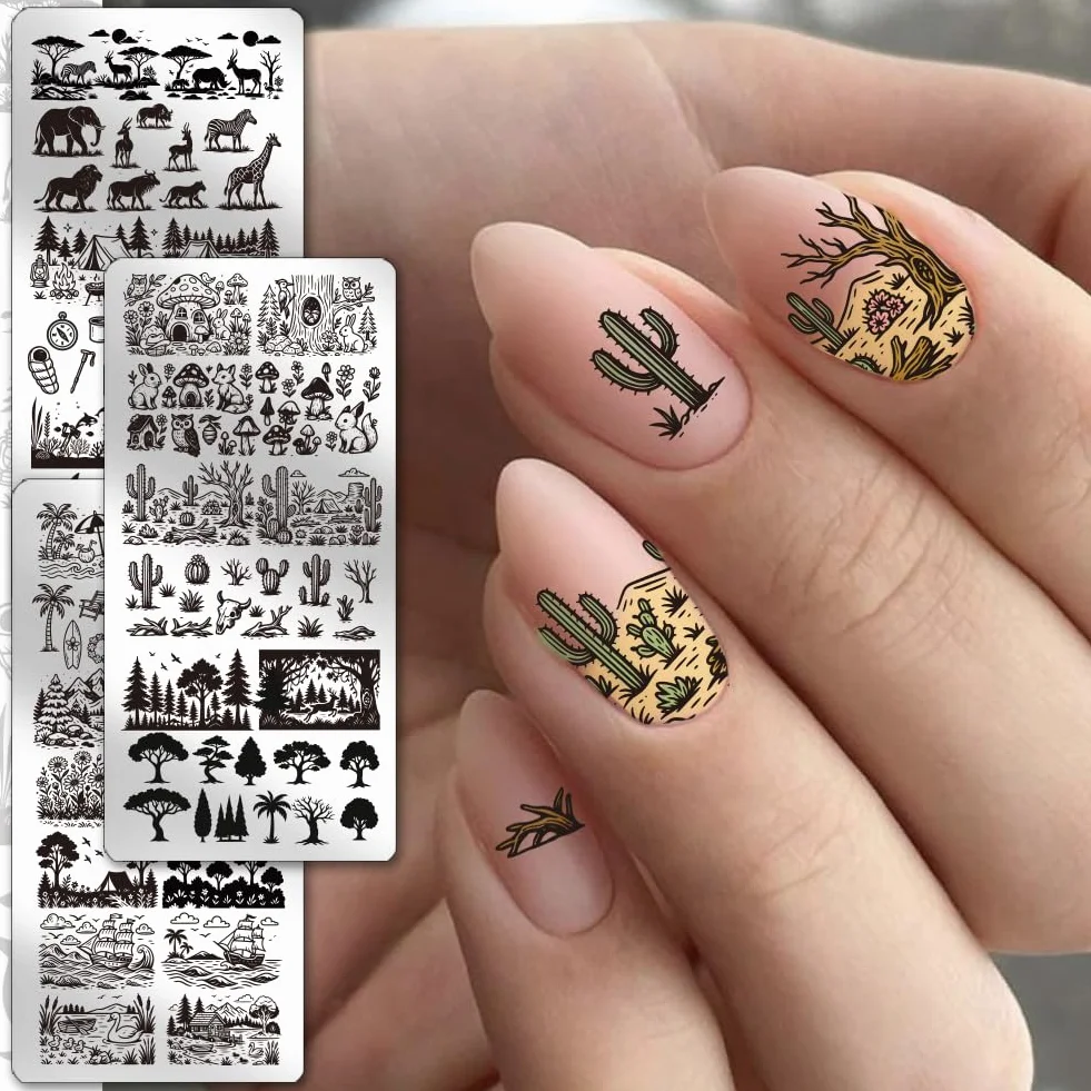 PH PandaHall 3 pezzi di piastre per timbri per unghie con motivi di animali e piante, modelli per nail art con scena di prateria, bellissimi motivi in acciaio inossidabile per stencil artistici per