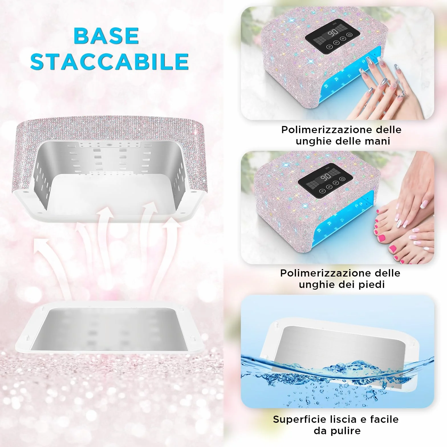 Lampada UV Ricaricabile Senza Fili per Unghie in Gel LED 4 Modalità Timer Strass Diamond per Unghie