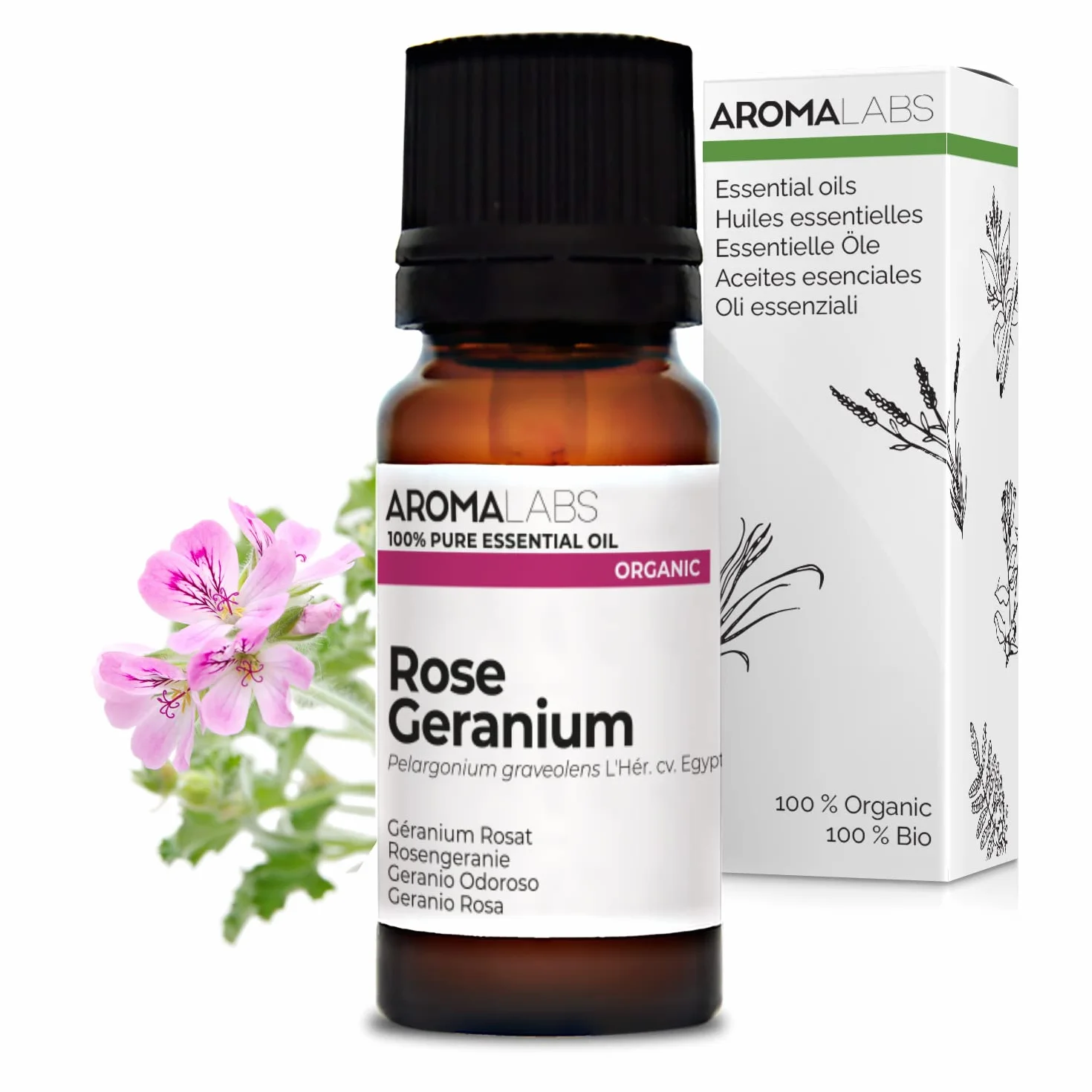 Geranio Rosato BIO (Pelargonium graveolens - Egitto) - 5 mL - Olio Essenziale Chemiotipizzato e Certificato AB - Aroma Labs - Made in France