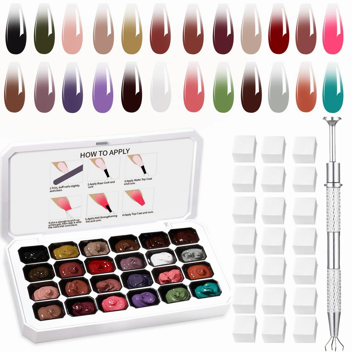 Ombre Gel Nail Polish, 24 colori Ombre Gel adatto per tonalità di smalto per unghie, facile da colorare, effetto duraturo, può realizzare nail art fai da te a casa (24OG-2)