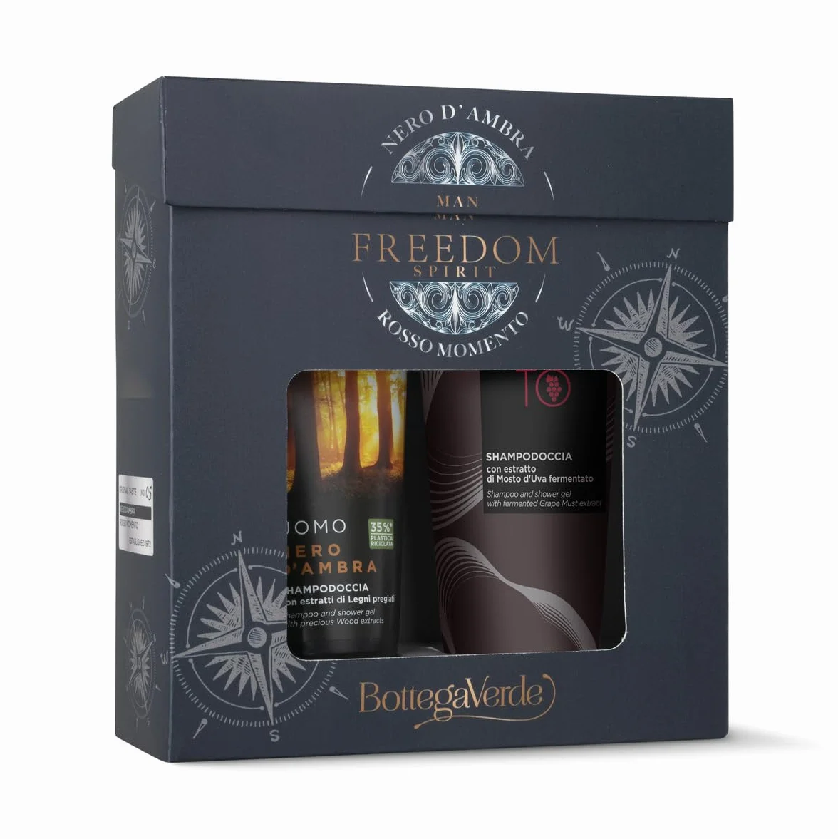 Bottega Verde - Cofanetto Regalo Uomo, con Nero d’Ambra Shampoo Doccia 200 ml e Rosso Momento Shampodoccia 200 ml, Profumo Legni Pregiati e Uva, Idea Regalo per Lui