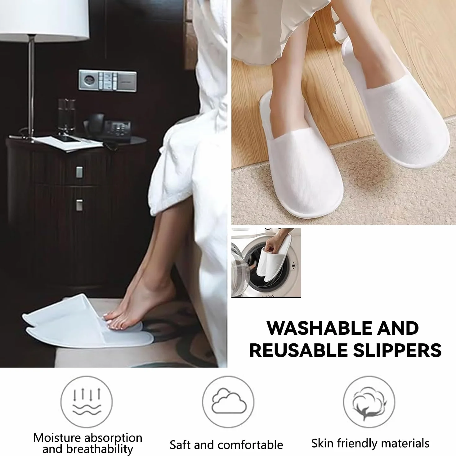 Pantofole Usa e Getta Antiscivolo, Pantofole Chiuse, Pantofole in Spugna Premium, Ciabatte Monouso per Hotel, Spa, Casa, Viaggi, Feste, Famiglie, Unisex, Lavabili, Misura Universale, 2 Paia (Bianco)