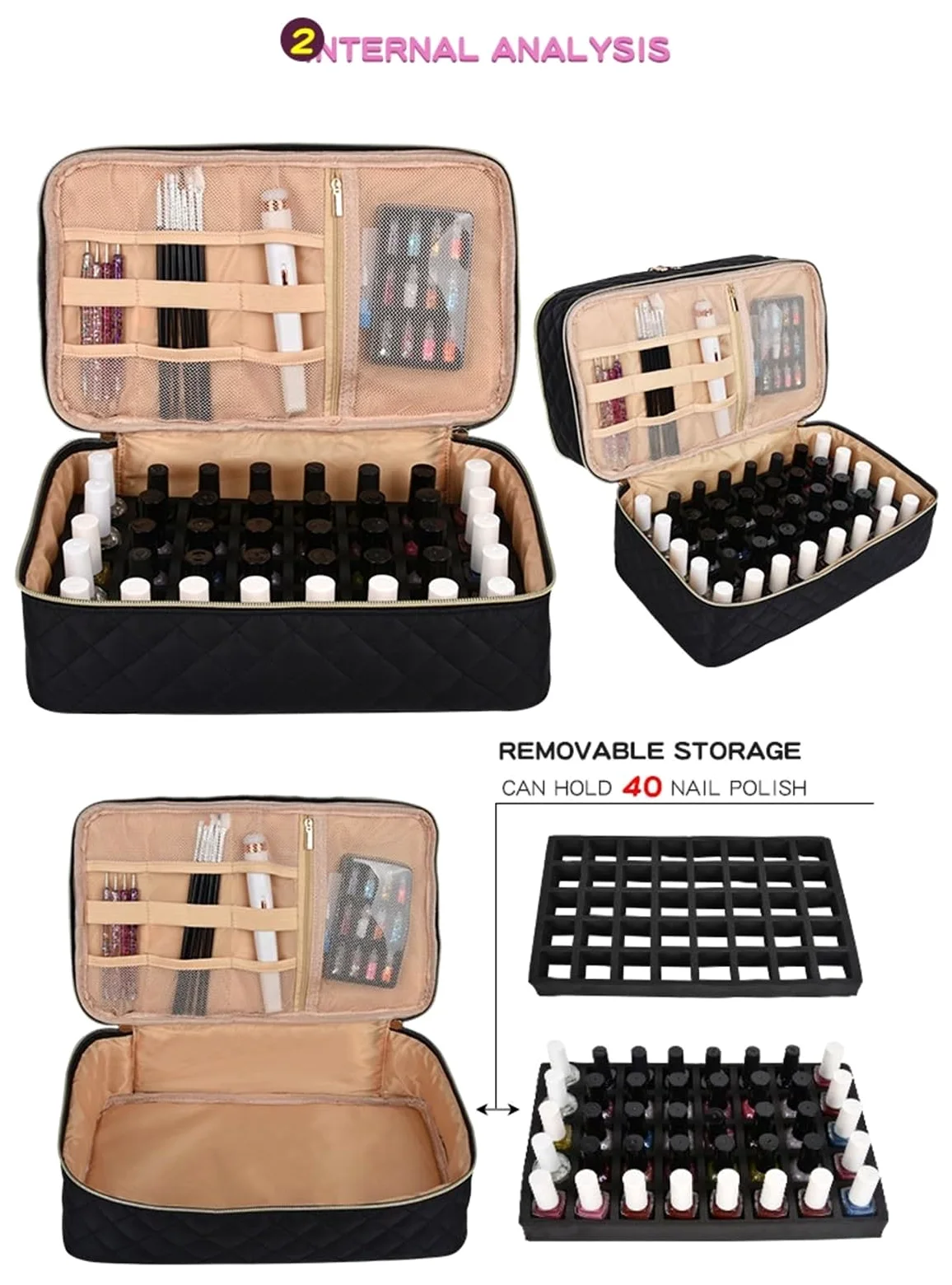 Porta Smalti Valigetta Unghie Organizer Portatile A Doppio Strato Che Contiene 40 Flaconi For Strumenti For Manicure Borsa Viaggio(Pink)