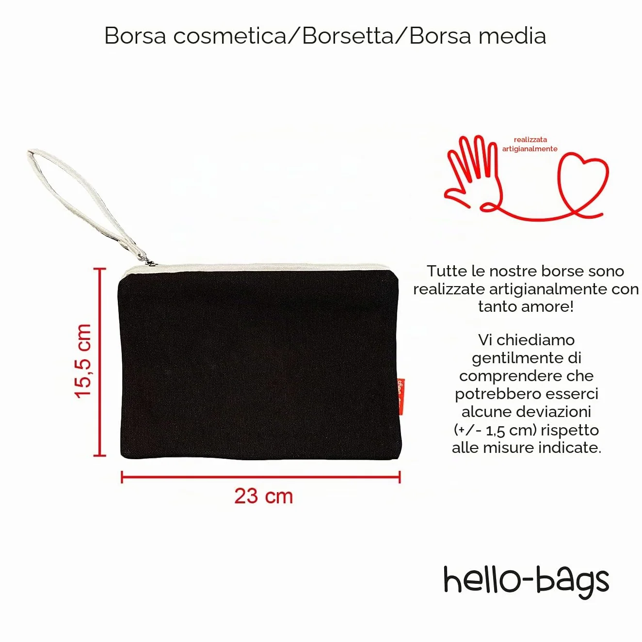 hello-bags Necessaire/pochette in tessuto con cerniera interna e fodera. Include una bella busta regalo kraft. Modello CURVABELLA. Colore: Ecru/Nero. Misure: 23 x 15,5 cm.