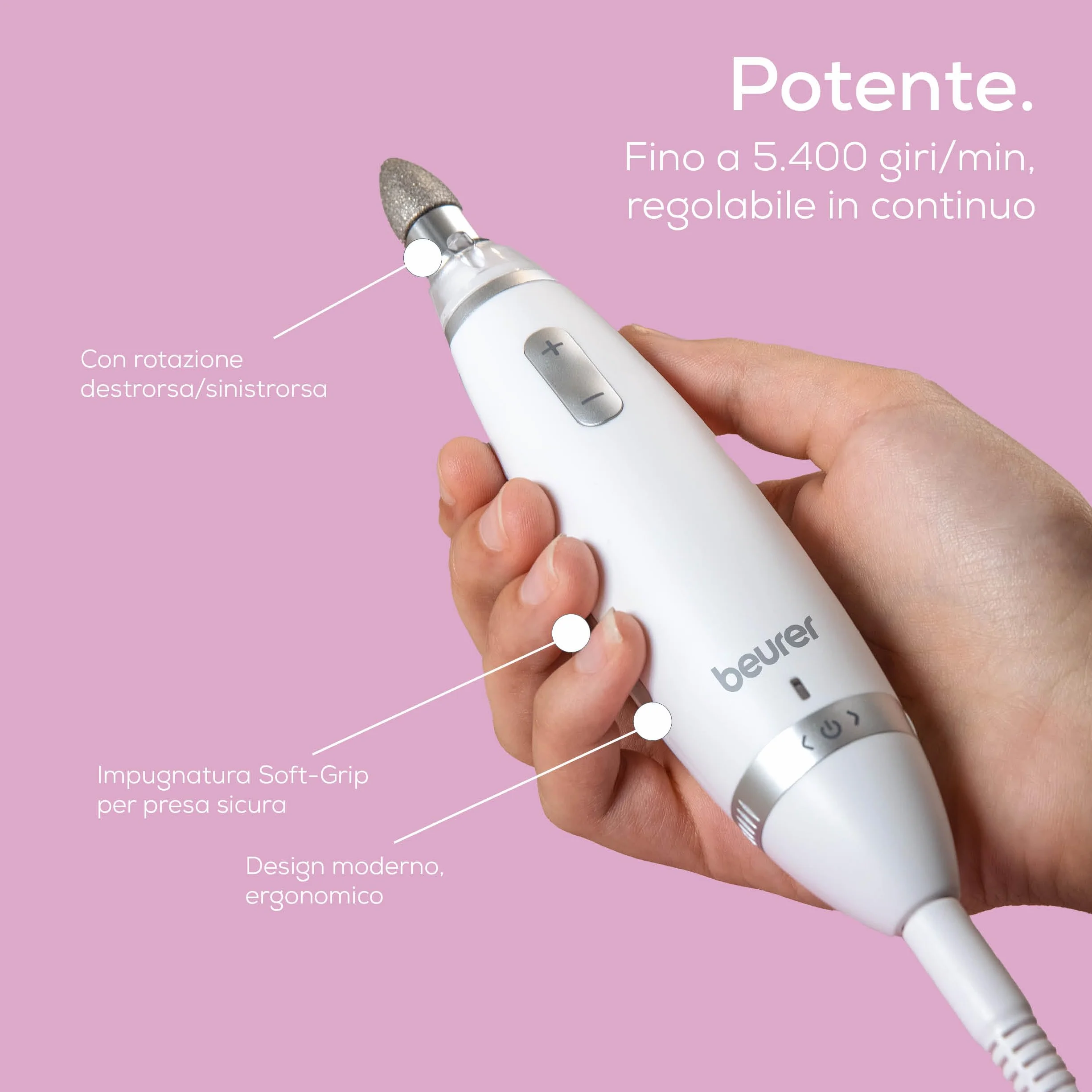 Beurer MP 62 Fresa Professionale Manicure Pedicure 5400 giri/min 10 Accessori Feltro Zaffiro Luce LED Velocità Regolabile Custodia Bianco