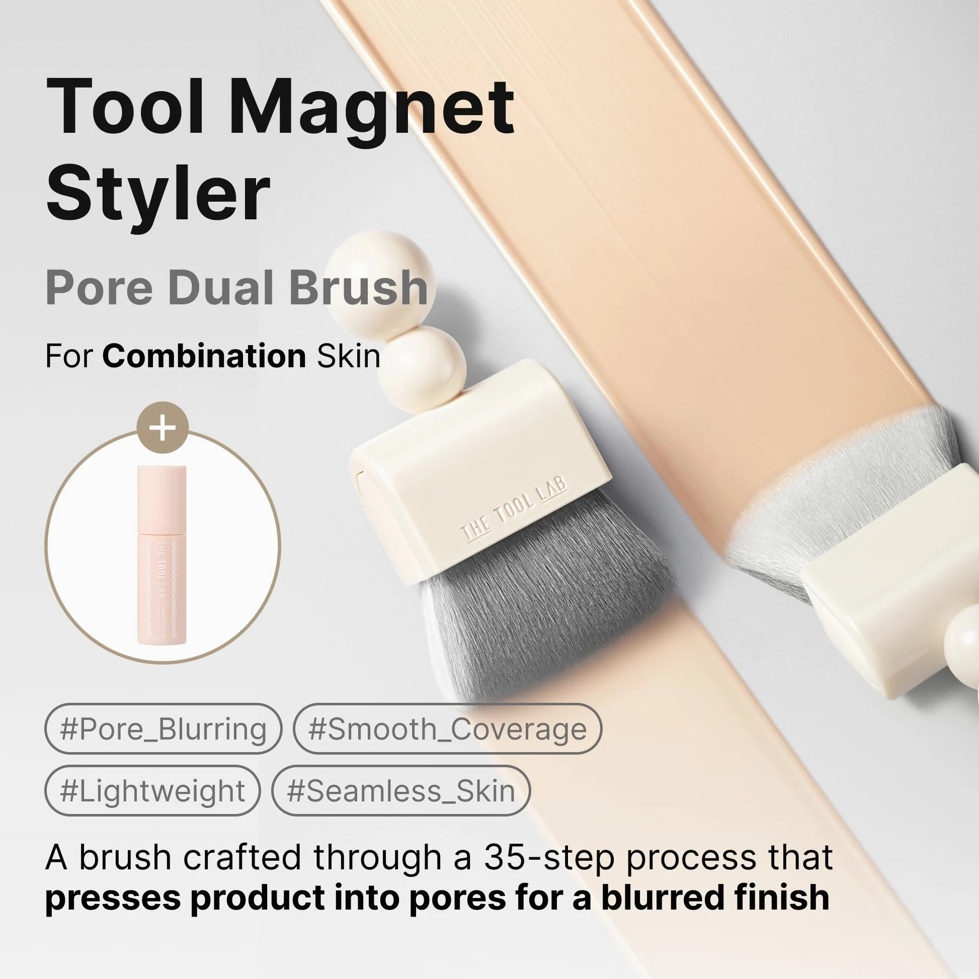 THE TOOL LAB Magnet Styler - Pennello doppio per fondotinta liquido, professionale, con parte superiore piatta per trucco liquido e crema, lucidatura e sfumatura, trucco coreano (1 pezzo)
