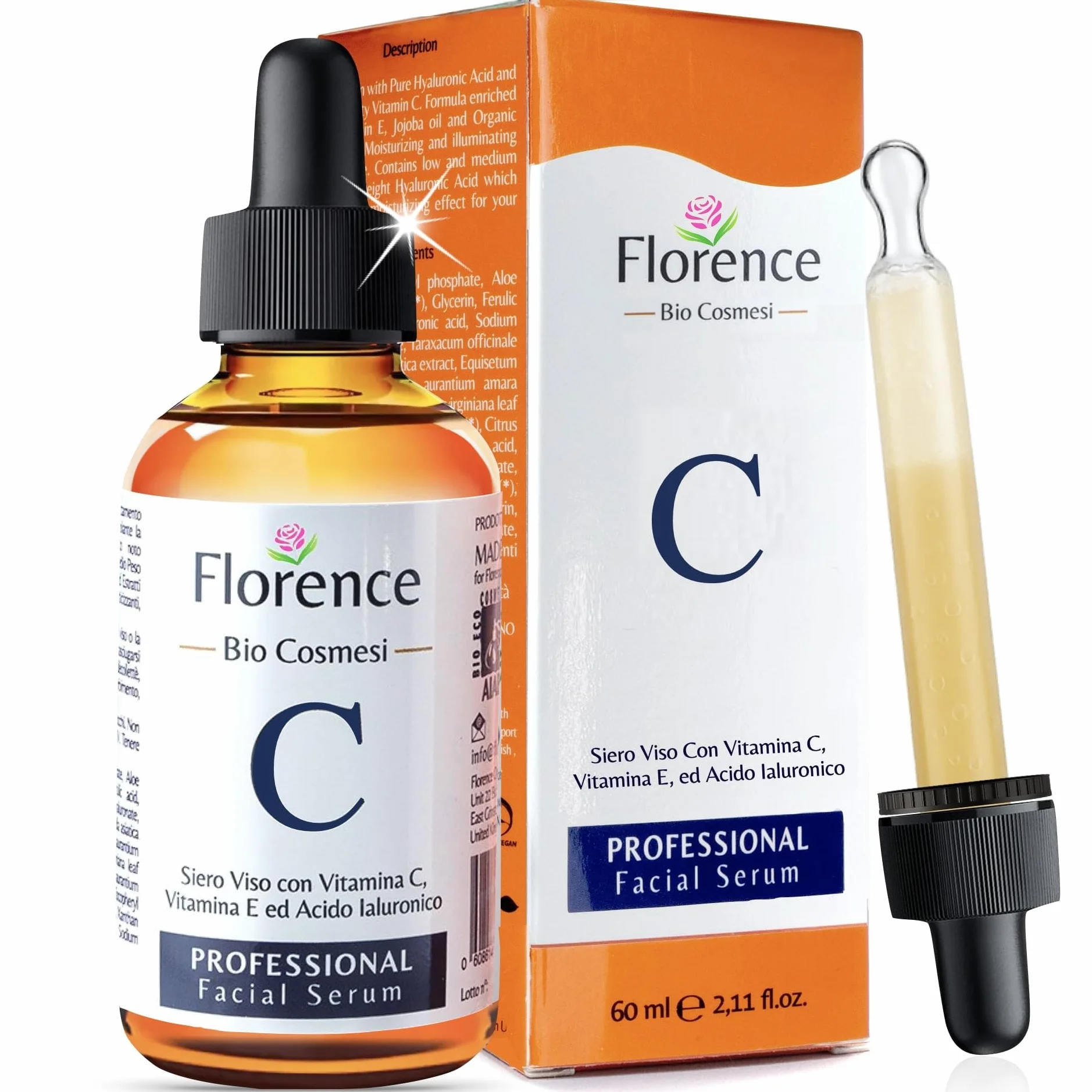 Bio Siero Vitamina C e Vit. E. Siero Viso Acido Ialuronico Antirughe, Antimacchie Illuminante, Antietà, 60ml
