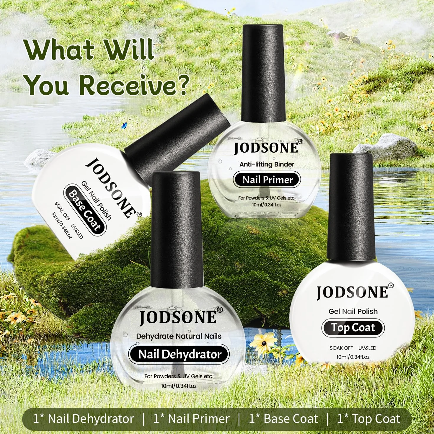 JODSONE 4 Bottiglie 10ML Primer per unghie Base Coat Top Coat Lucido ad asciugatura rapida Nail Art Design Regalo