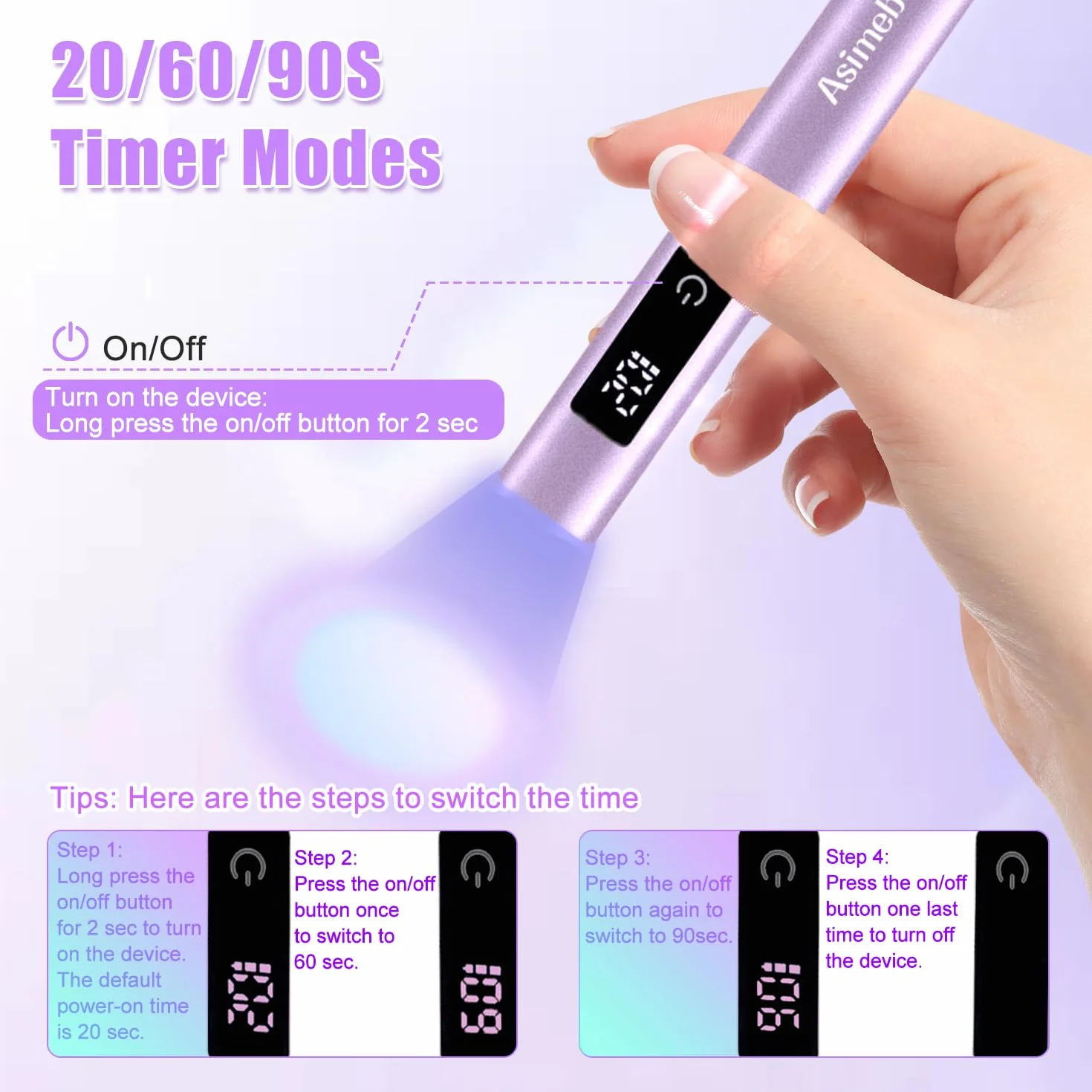 Mini Lampada UV LED Unghie, Lampada UV Unghie Piccola 3W, Lampada Gel Unghie con Supporto, 20/60/90S Timer, Ricaricabile Portatile Torcia per unghie Gel Asciugatura Rapida Viola