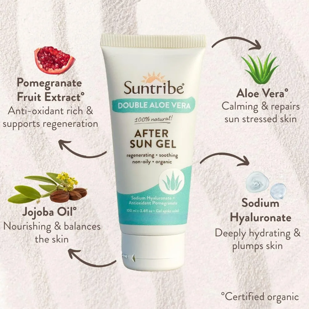 Bio Aftersun Gel doppio Aloe Vera/100 ml – 100% naturale e vegano – ialuronico idratante + estratto di melograno antiossidante – senza profumo
