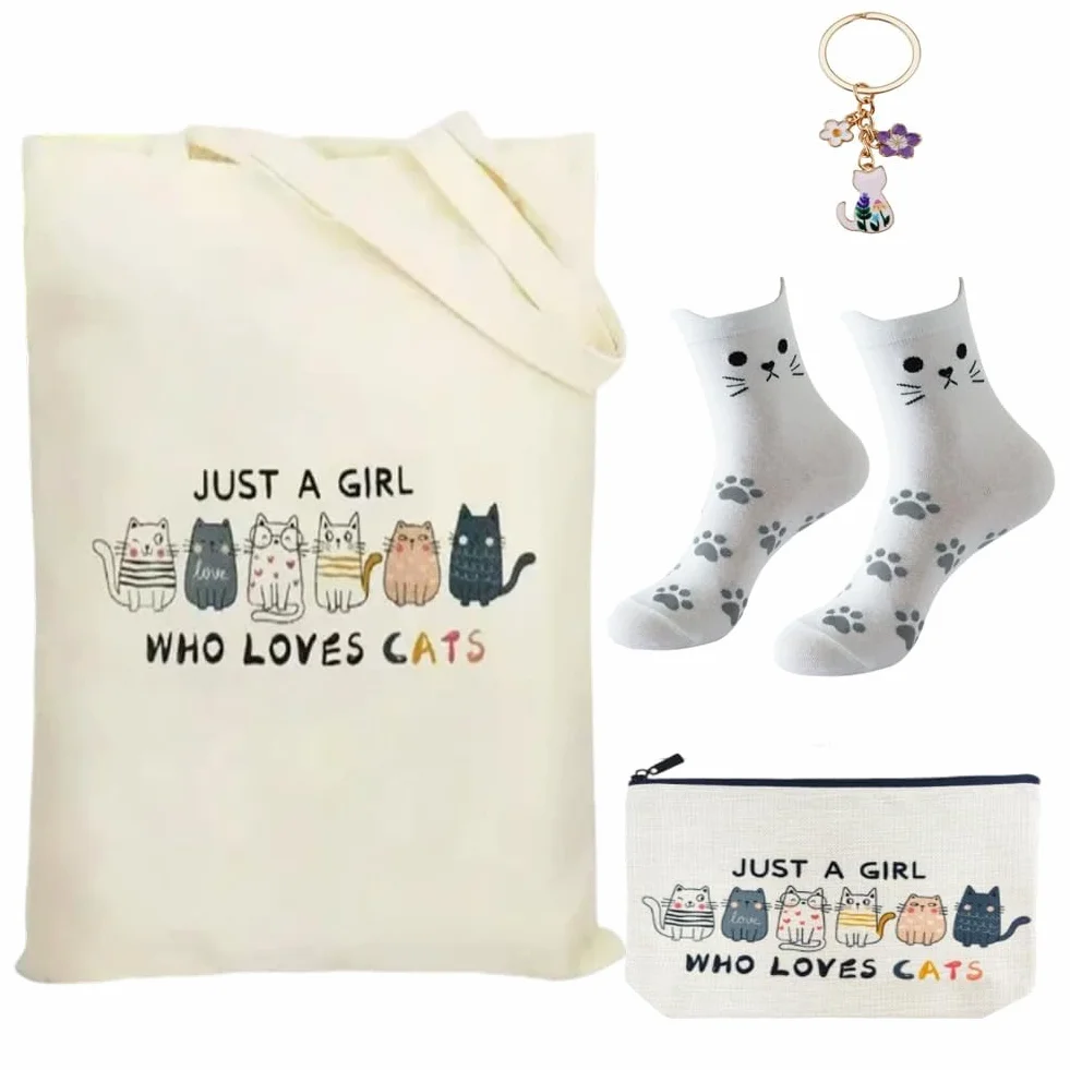 Set Regalo ：Borsa Tote Canvas, Borsetta per Trucco, Calzini & Braccialetto - Regalo per Donne, Ragazze