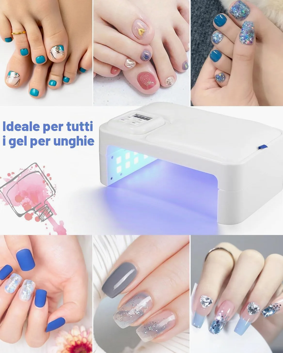 Zounin Lampada LED UV da 180 W, per unghie in gel, pieghevole, portatile, professionale, veloce e veloce, con 4 timer, lampada per asciugare le unghie con sensore, display LCD per unghie in gel
