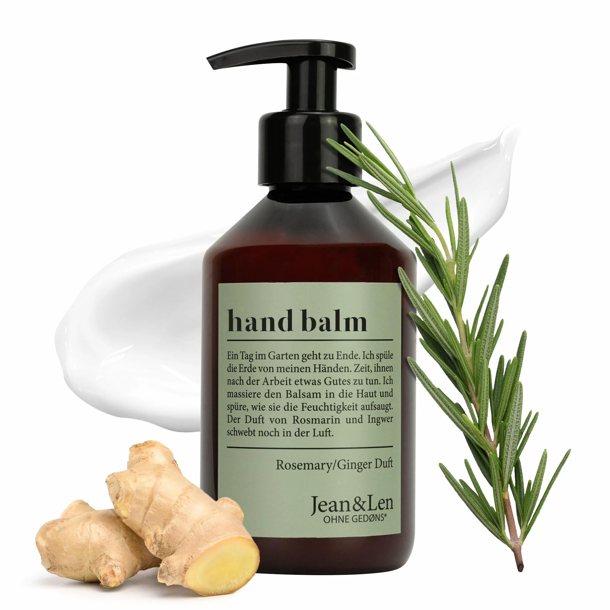 Jean & Len Balsamo Mani Rosmarino & Zenzero, con olio di argan bio, burro di karité e vitamina E per mani morbide, crema idratante per pelle secca, profumo fresco e aromatico, 250 ml