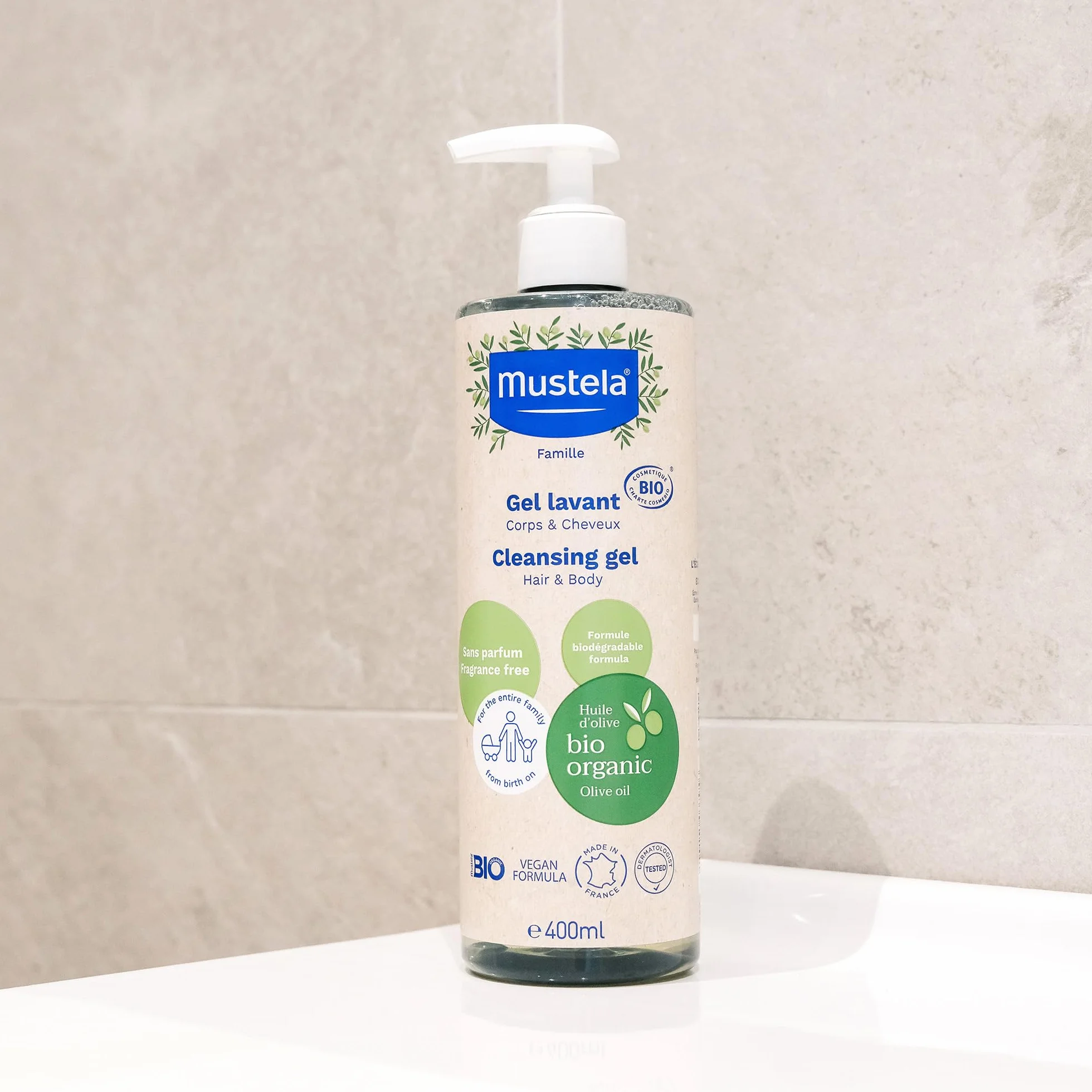Mustela Gel Detergente Bio Vegano Olio di Oliva Aloe Vera Glicerina Corpo Capelli Neonati 400ml