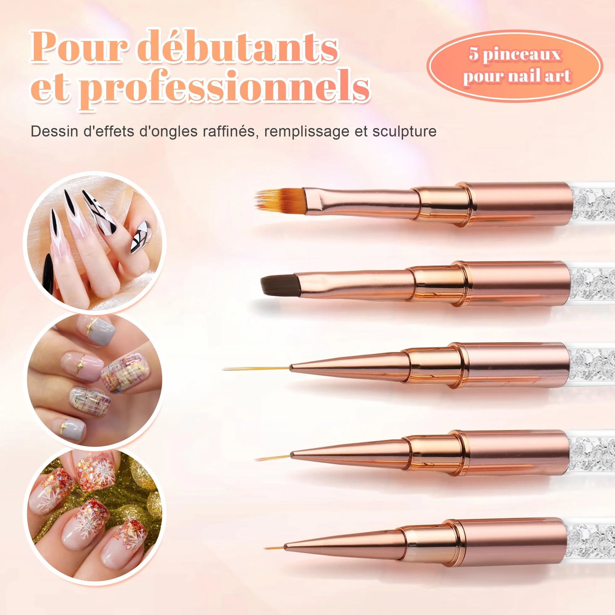 5 Pennelli Professionali per Nail Art in Set per Ricostruzione Unghie con Gel e Acrigel | Strumenti per Design Dettagliati e Semipermamente