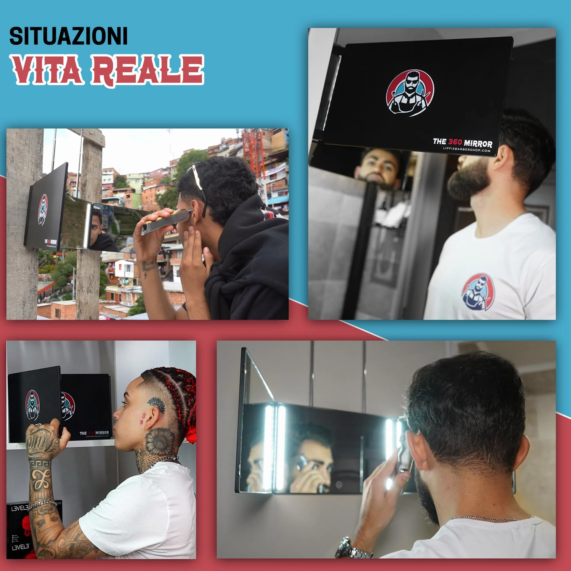 Specchio da taglio a 360 gradi 3 lati pieghevole per barbiere con LED e altezza regolabile