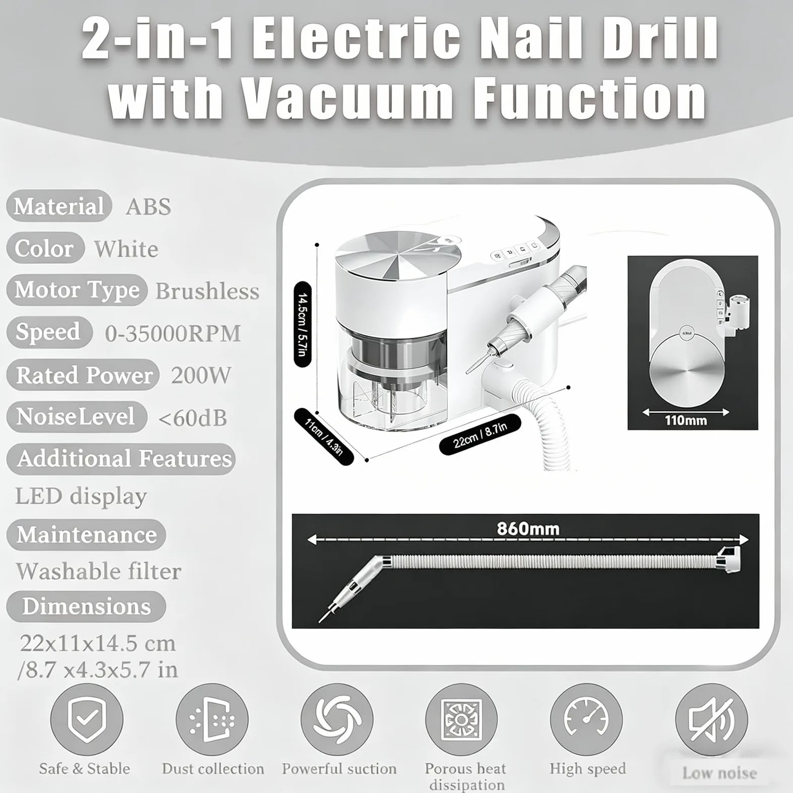 Aspiratore e Fresa Unghie 2-in-1 Professionale, 30.000 Giri/Min Motore Brushless, Silenzioso ≤68dB, Kit Manicure Elettrico per Nail Artist