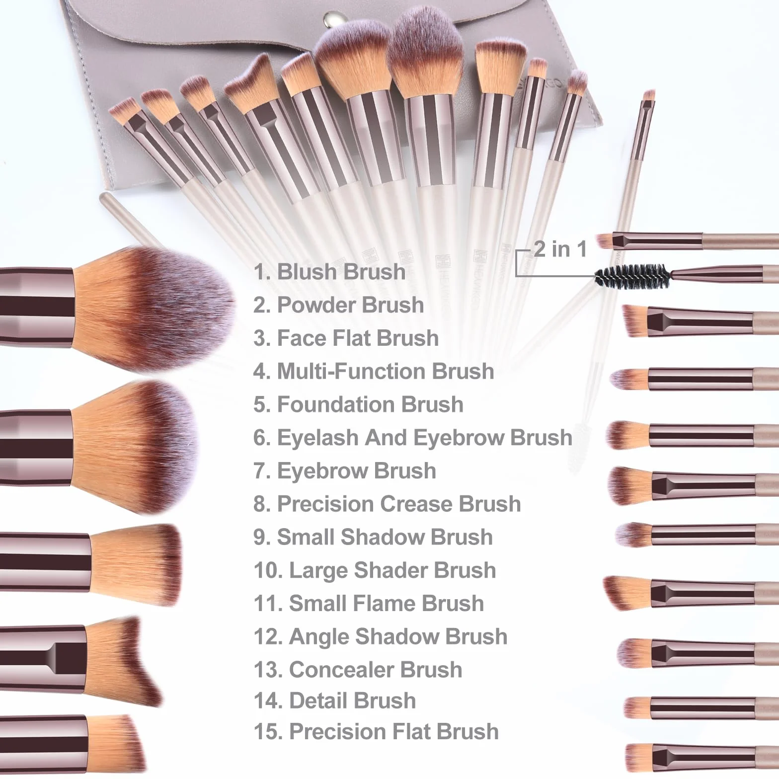 HEYMKGO Set Pennelli Trucco 15 Pezzi Professionale con Trousse Pelle PU Champagne Gold Kit Makeup Brushes Regalo Donne