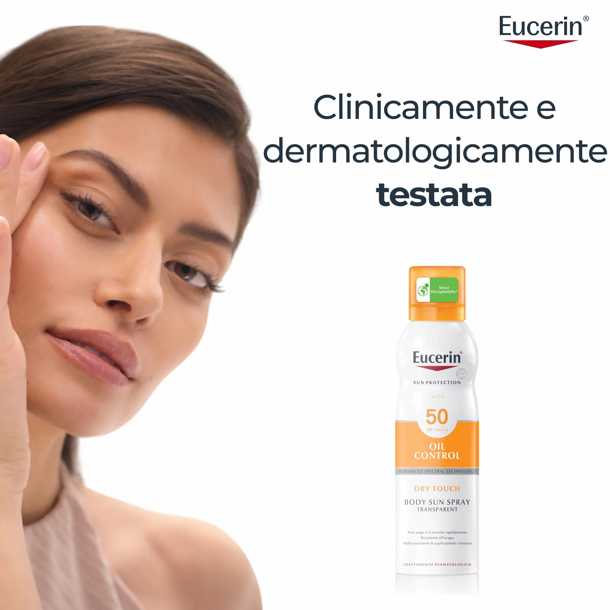 Eucerin Oil Control Body Sun Transparent Dry Touch SPF 50 200 ml Crema Solare Spray UVA/UVB Protezione Solare Pelle Sensibile Acneica