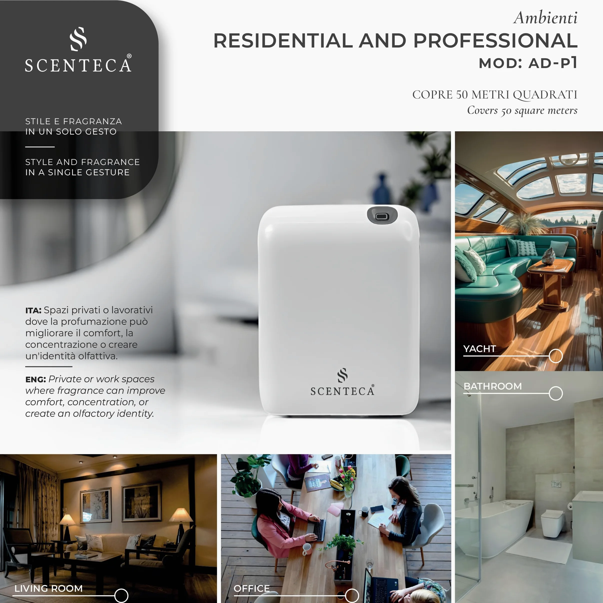 SCENTECA Diffusore elettrico di oli essenziali AD-P1, fragranza Summer Scent 100 ml Inclusa, nebulizzazione senza acqua, programmabile via app, copertura fino a 50 m²