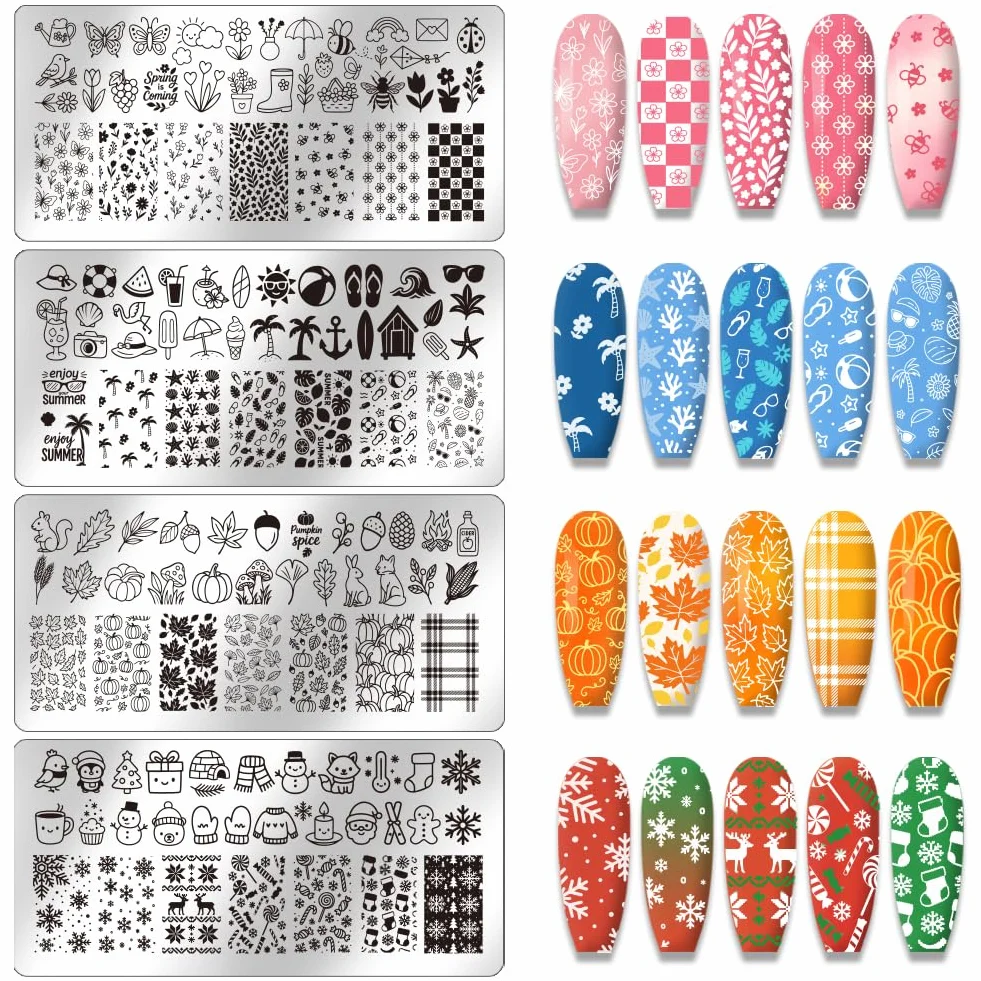 PH PandaHall 4pz Modelli Artistici per Nail Art Primavera Estate Autunno Inverno Piastra per Unghie Stagione Piastre per Immagini In Acciaio Inossidabile Strumenti per Donna Manicure Salone