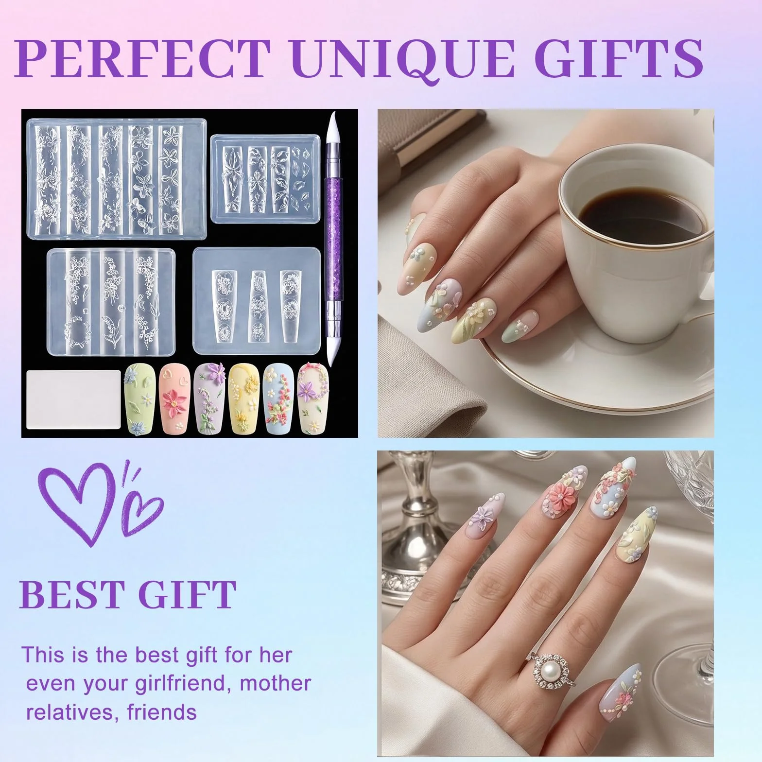 Nails Mold, set da 4 pezzi di timbri per unghie per disegno nail art con stampi in silicone 3D con fiori, stamping templates per unghie