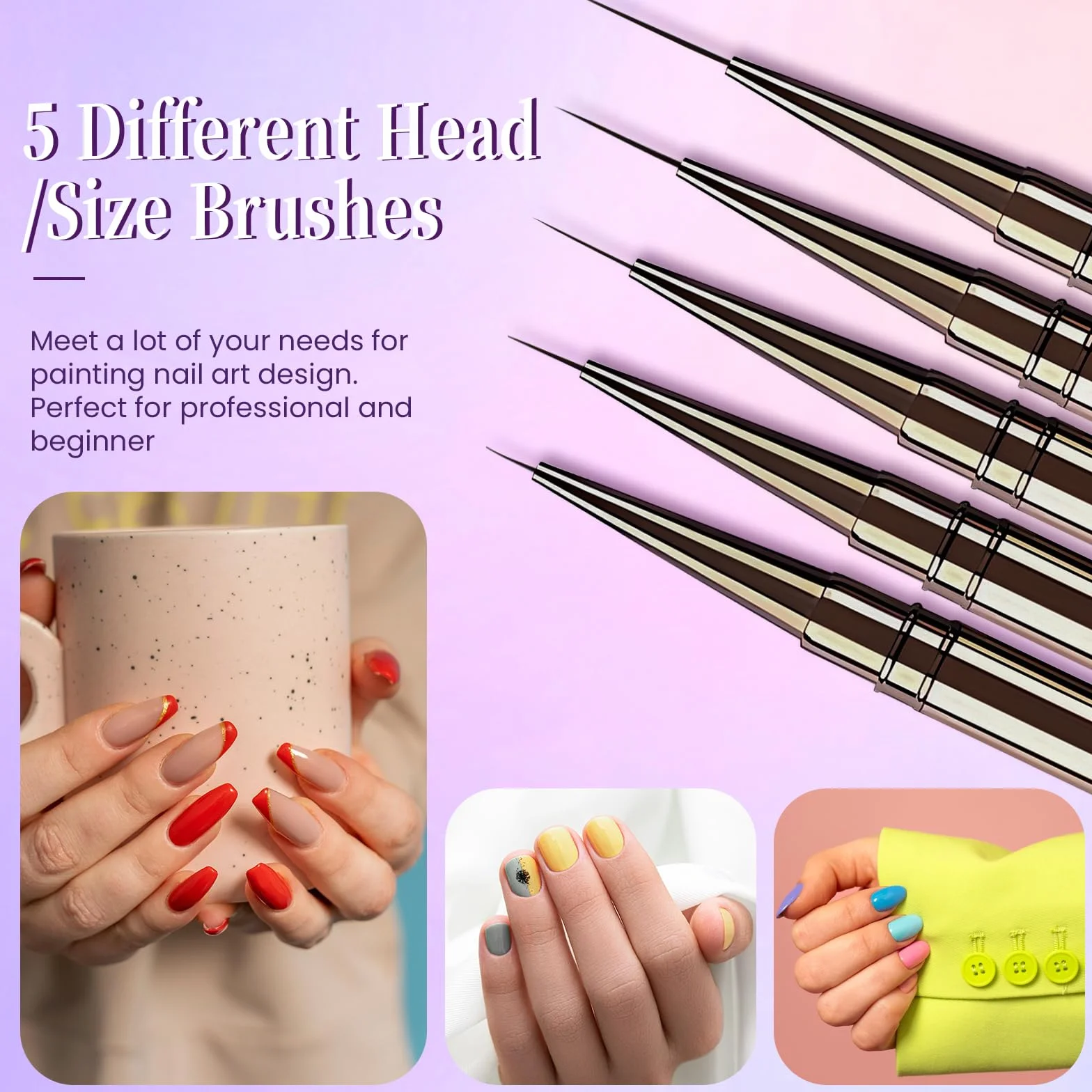 Lokaloka 6/9/12/15/18mm Pennelli Unghie Gel Sottile Nail Art Professionali con Tappo, 5 Pezzi Pennello French Penna Pennellino Set per Ricostruzione Acrigel Semipermanente