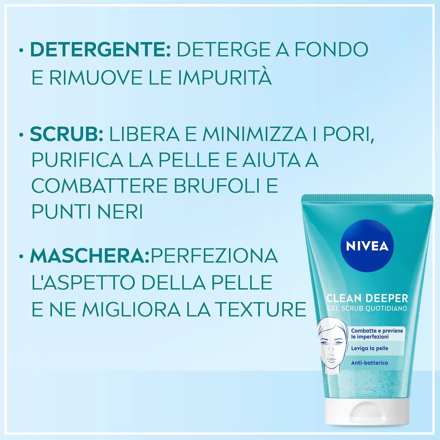 NIVEA Clean Deeper Scrub Viso Quotidiano 150 ml, Scrub esfoliante antibatterico, Esfoliante viso con Acido Lattico, Previene brufoli e punti neri, Non comedogenico, Detergente pelle grassa e mista