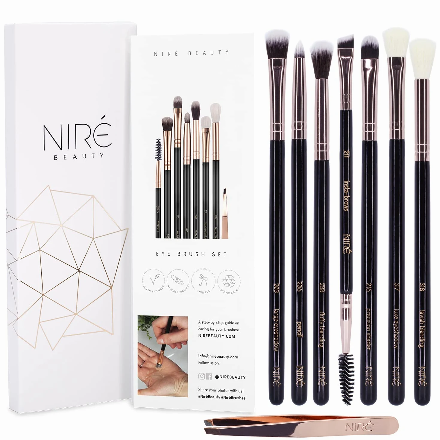 Niré Beauty Set Pennelli Occhi, ombretto sfumatura, 8 pz, Rosa Dorato | precisione, sopracciglia, pinzetta, pochette, guida, marchio britannico premiato, vegani, box regalo
