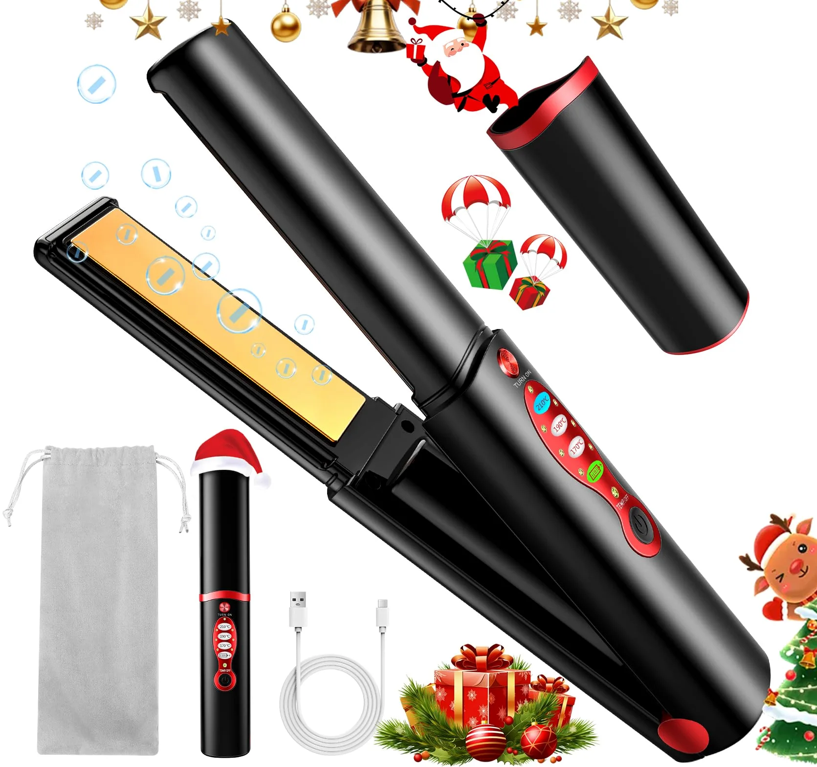 Piastra per capelli in titanio senza fili, mini ferro piatto portatile USB ricaricabile a calore rapido con batteria 5 V/5000 mAh, anti-scottatura a 3 livelli per capelli lisci e lucidi (nero)