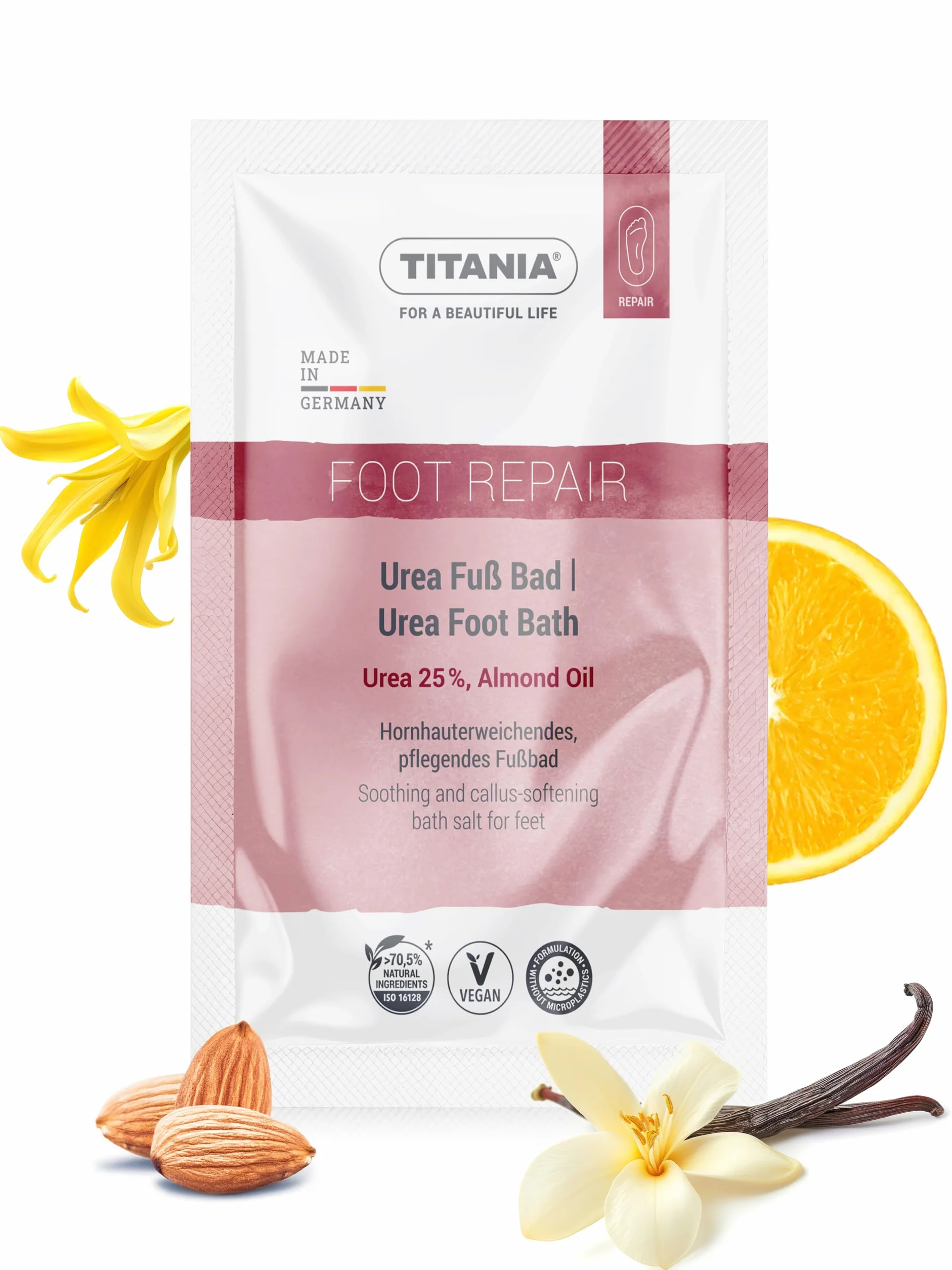 TITANIA® Urea sale da pediluvio 40 g, ammorbidisce la calli e nutre i piedi asciutti, 25% urea e olio di mandorle, vegano, senza microplastica, dermatologicamente testato, Made in Germany