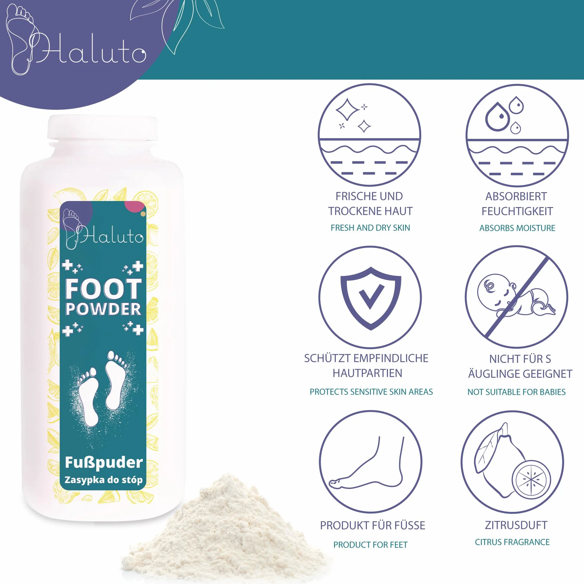 HALUTO Antibatterico Polvere Piedi - Talco Profumato - Elimina l'odore di Scarpe e Piedi - Naturale - Assorbono l'umidità - per Scarpe Sportive, da Lavoro e da Ginnastica