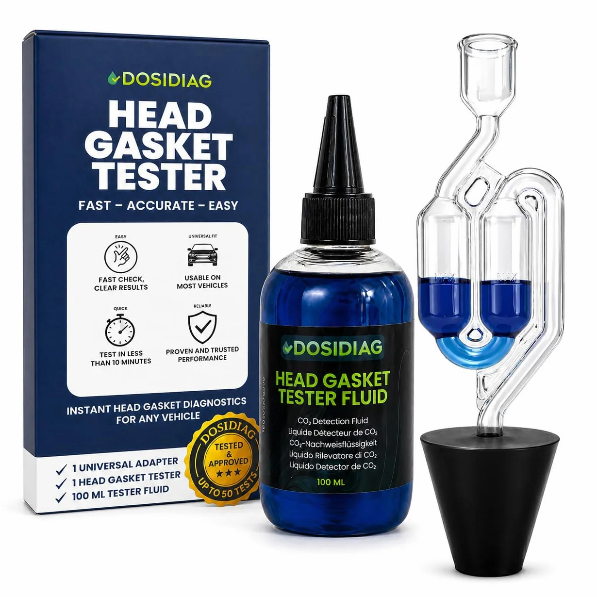 Tester per Guarnizione Testa Cilindrica 50 Test Rilevatore Perdite CO₂ Benzina Diesel Kit Universale Liquido Reattivo Blu
