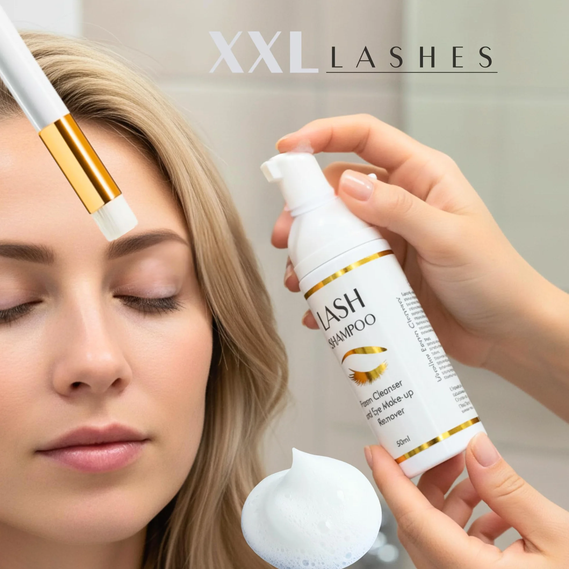 XXL Lashes Shampoo per extension ciglia, detergente schiumogeno, struccante, 50 ml con spazzolino per shampoo per ciglia e sopracciglia, cura ciglia con pennello per lavaggio