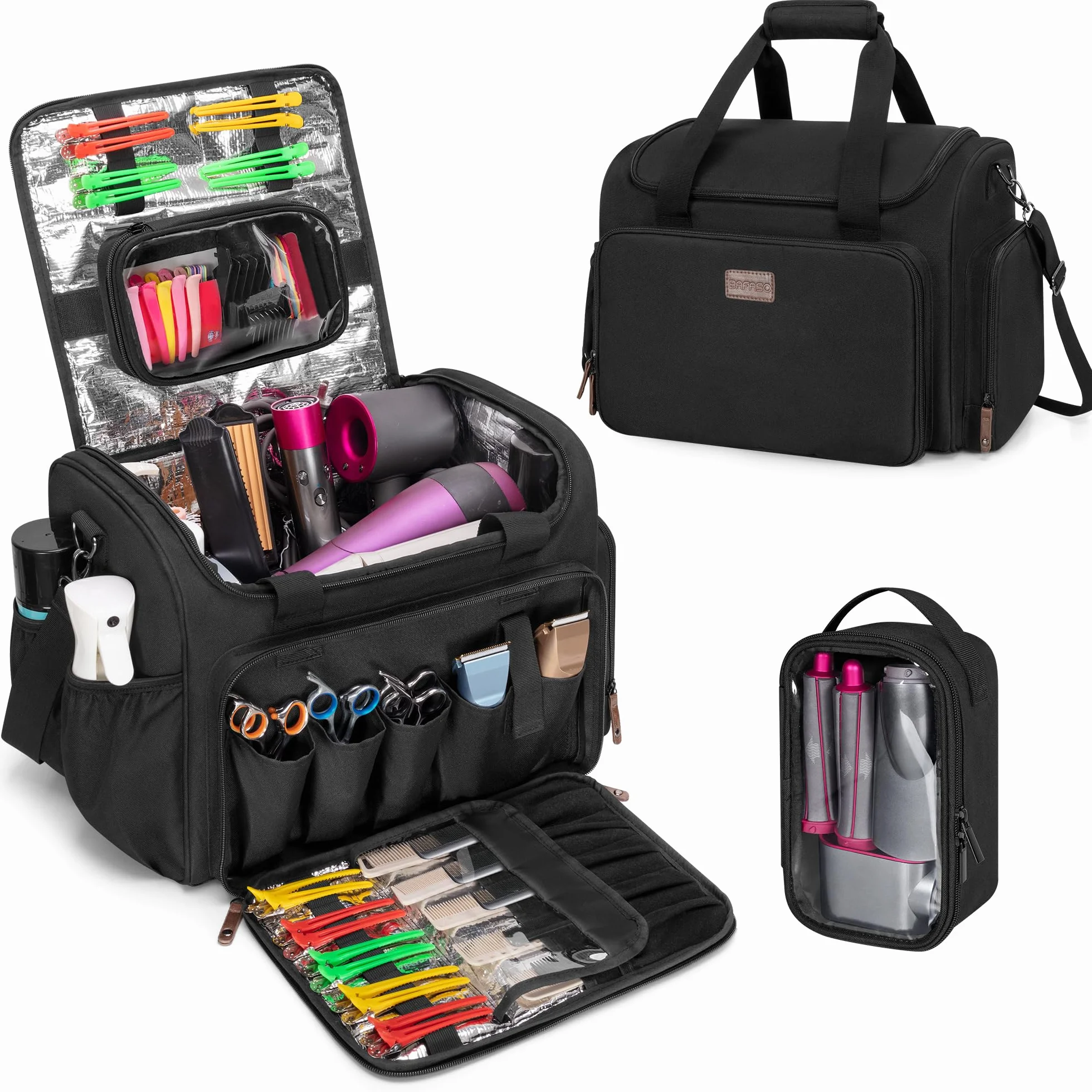 BAFASO Borsa da Parrucchiere Isolata Grande con Divisorio Semi-Staccabile e 2 Tasche Rimovibili, Custodia da Barbiere da Viaggio Contiene Vari Strumenti per il Taglio dei Capelli(Solo Borsa), Nero