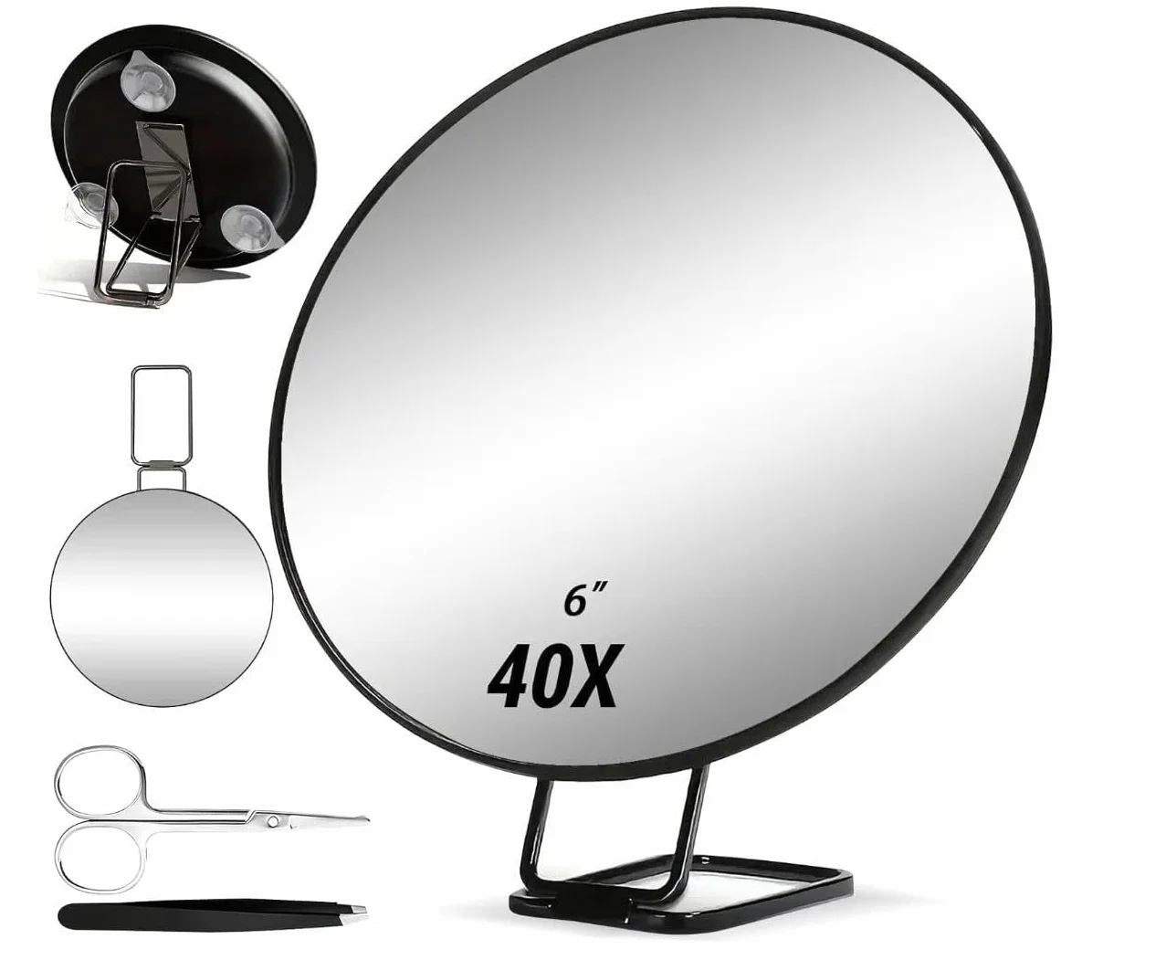 Specchio Ingranditore 40x, Specchio per Trucco con Supporto, Pinzette e Forbici