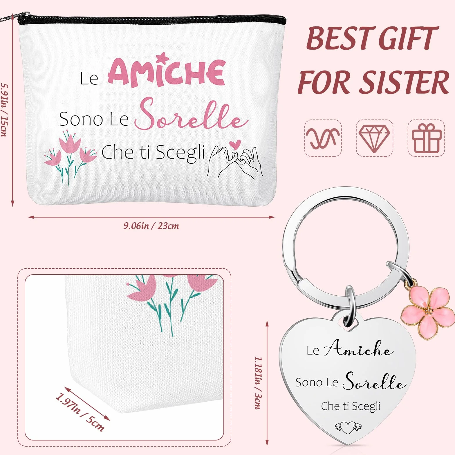 Weewooday Set Regalo per Migliore Amica e Sorella 1 Borsa per Cosmetici 1 Portachiavi dell'Amicizia con Ciondolo a Forma di Fiore Pochette per Trucchi Borsa Toilette Beauty Case per Compleanno