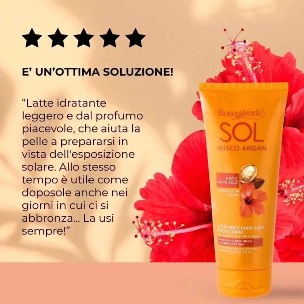 Bottega Verde - SOL Ibisco Argan, Latte Presole e Doposole Viso e Corpo, 200ml, Idrata e Prolunga l'Abbronzatura, Senza Filtri Solari