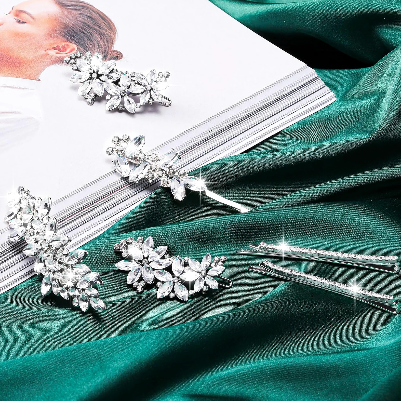 Janinka 10 fermagli per capelli da sposa con strass, forcine per capelli da sposa, forcine argentate per capelli a forma di foglia e fiore, eleganti accessori per capelli per sposa, donne e ragazze