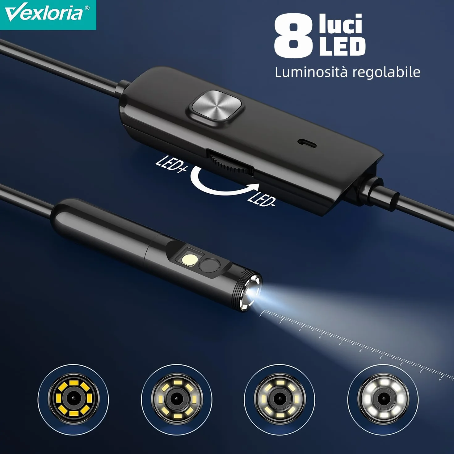 Endoscopio per Smartphone 1920P HD Doppia Lente IP68 Impermeabile con 8 LED Cavo Semirigido Compatibile iOS Android