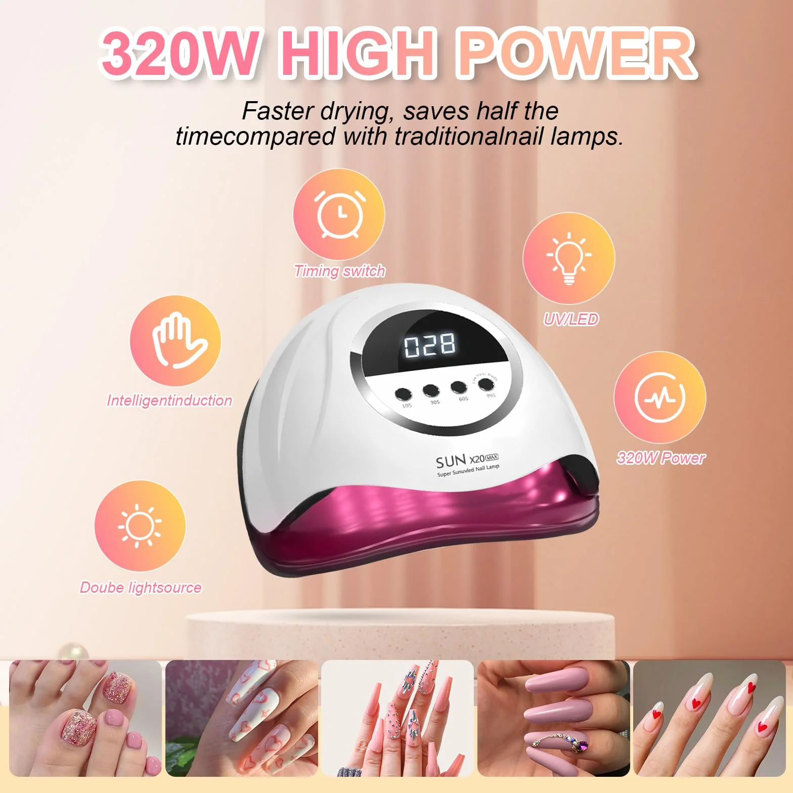 Lampada per unghie UV LED da 320 W, lampada professionale per unghie in gel con 72 perline, lampada UV per unghie con 4 impostazioni timer, asciugatrice LED per unghie in gel con sensore automatico