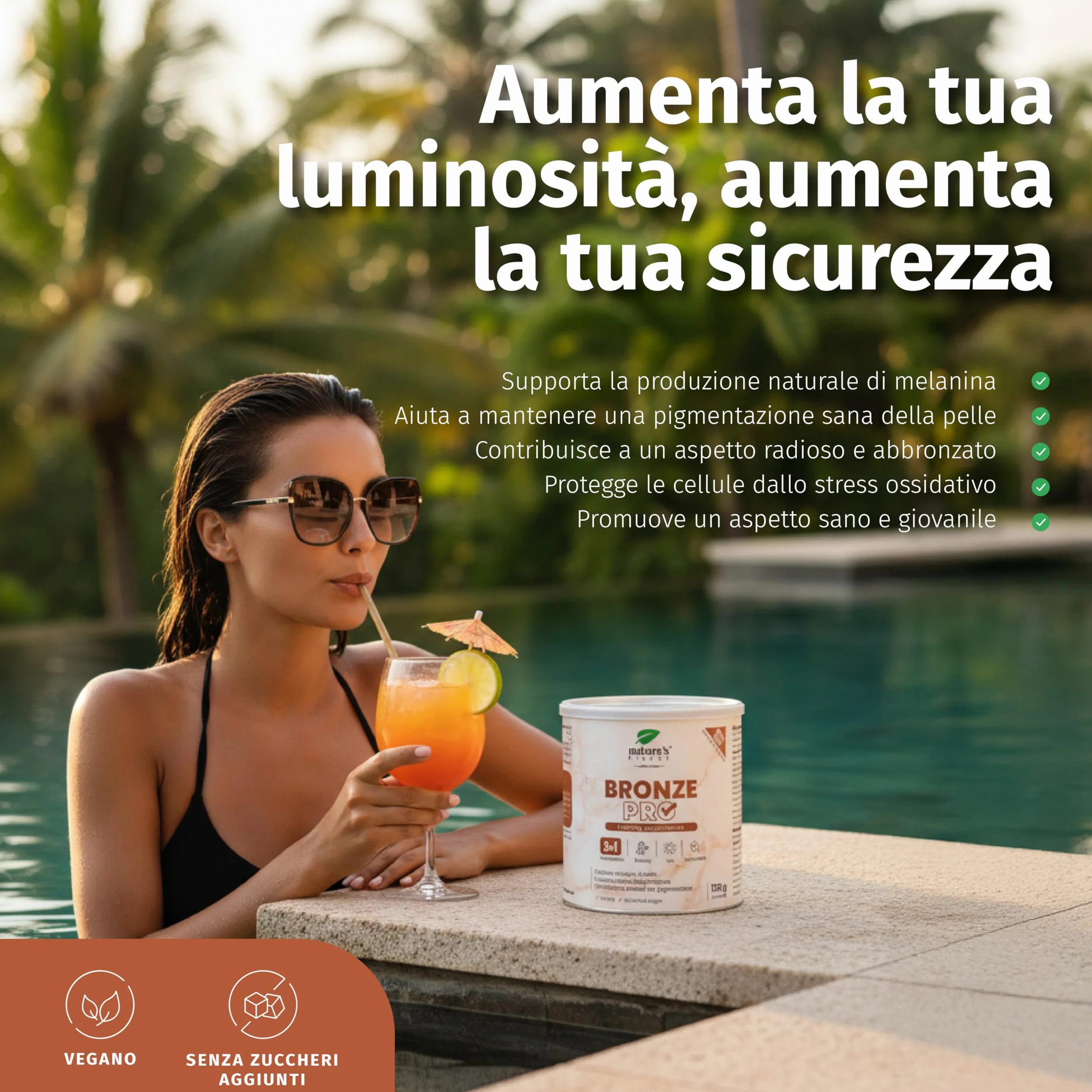 Nature's Finest Bronze PRO - Integratore Solare con Betacarotene Ultra Attivo - Abbronzante da Bere per Corpo e Viso - Acceleratore Naturale, Autoabbronzante, Protezione Solare - 125 g