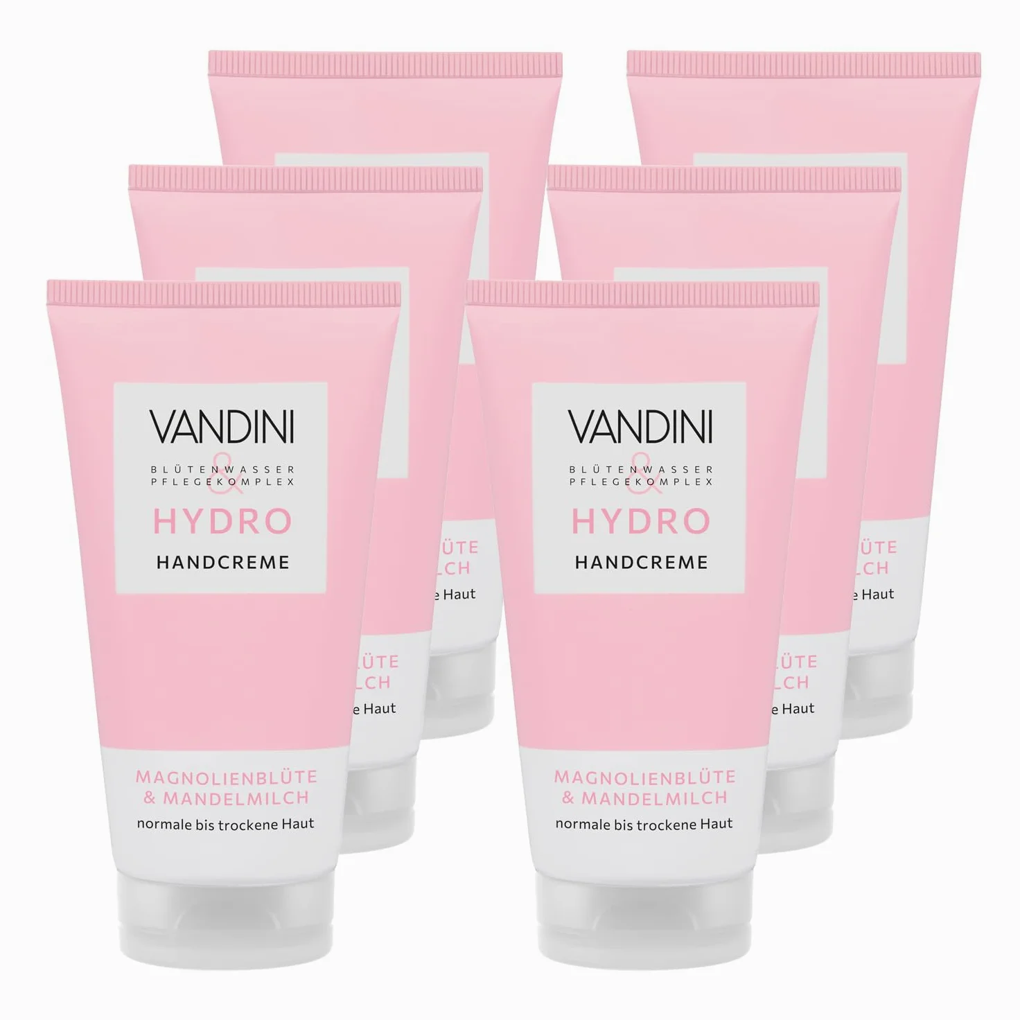 VANDINI HYDRO - 6 creme per le mani da donna, 75 ml, con fiori di magnolia e latte di mandorle, crema nutriente per le mani per pelli normali e secche, vegana, senza parabeni e siliconi, Made in
