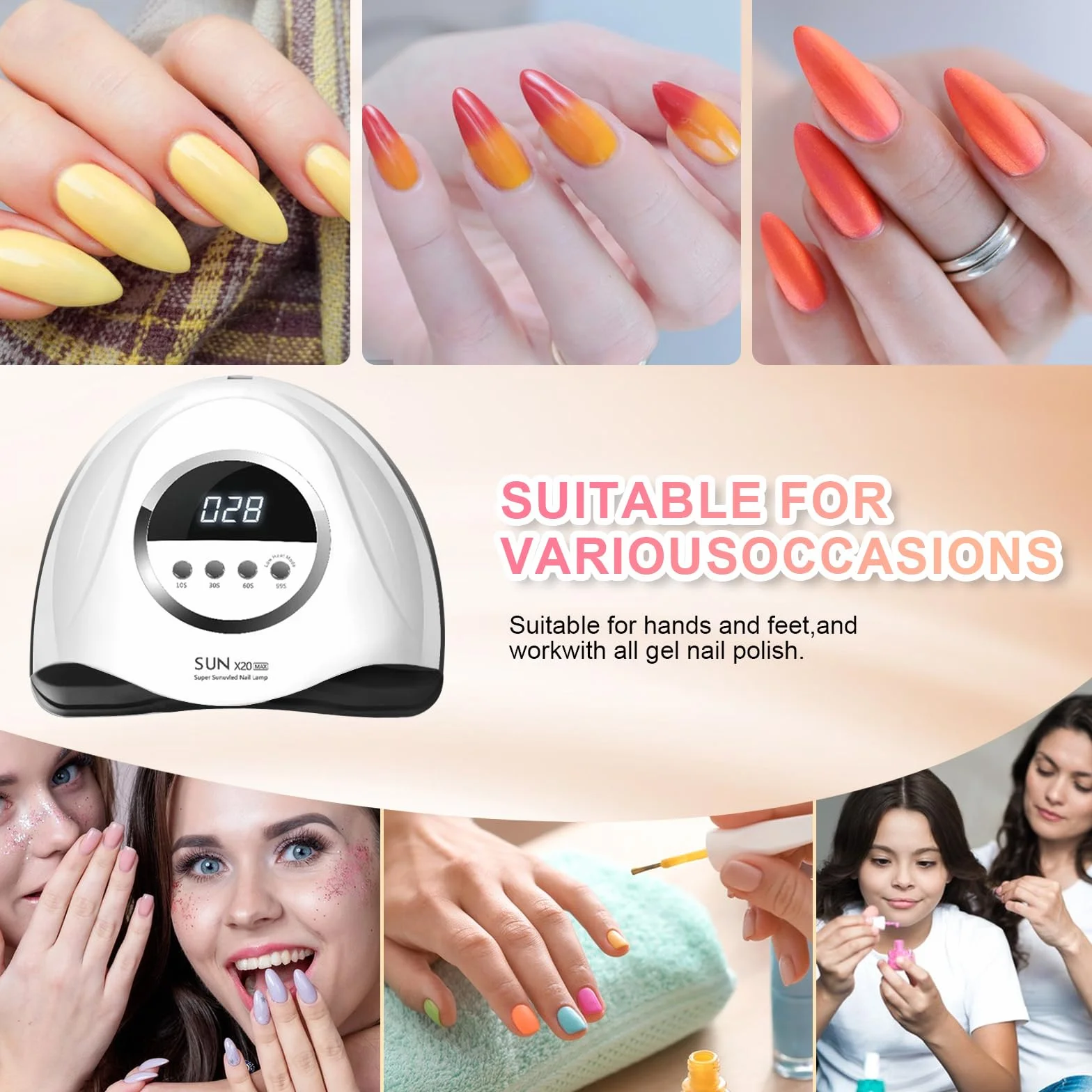 Lampada per unghie UV LED da 320 W, lampada professionale per unghie in gel con 72 perline, lampada UV per unghie con 4 impostazioni timer, asciugatrice LED per unghie in gel con sensore automatico