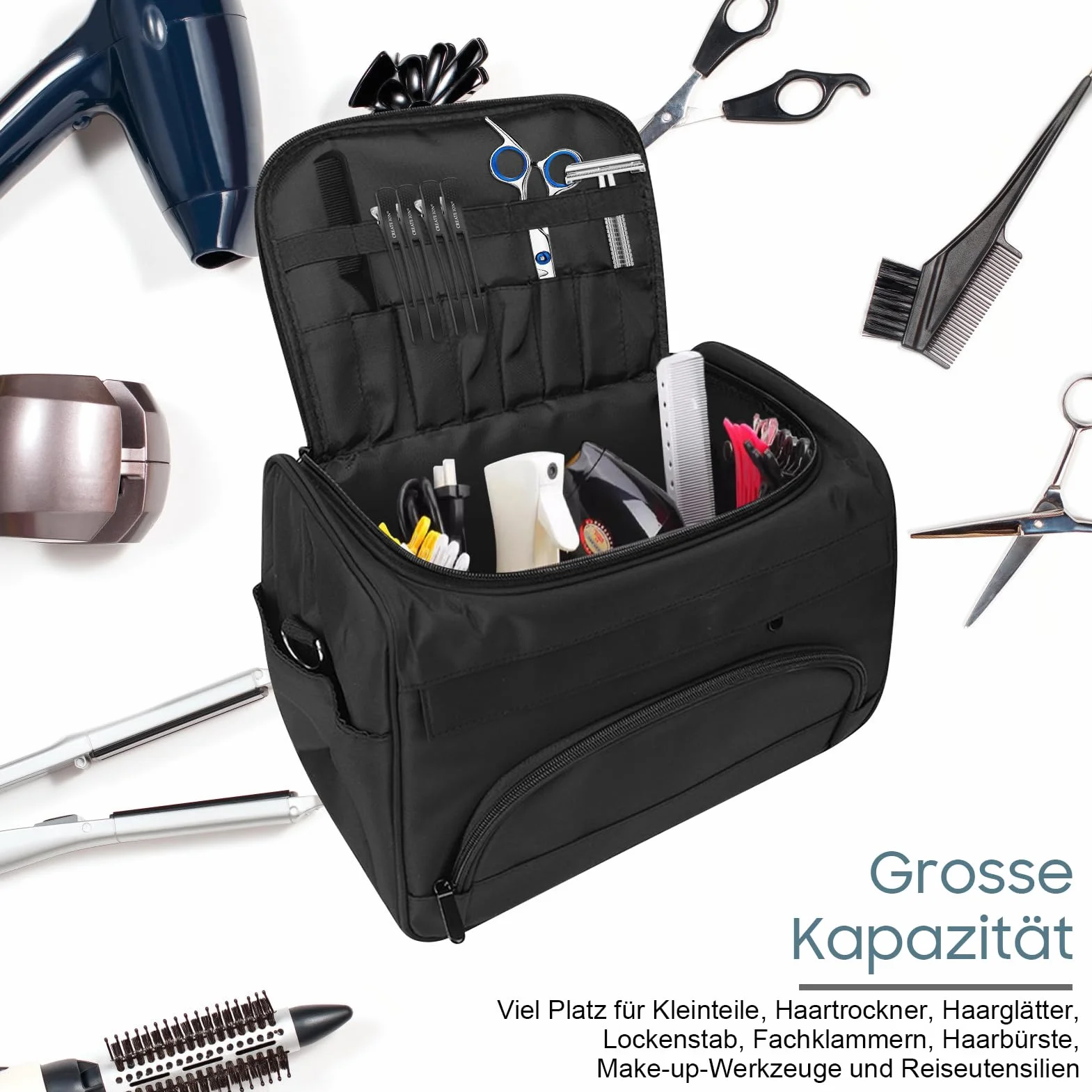Borsa Trasporto Parrucchiere con Tracolla Regolabile Grande Borsa Organizzata Multi Strato per Attrezzatura Capelli Portatile Viaggio