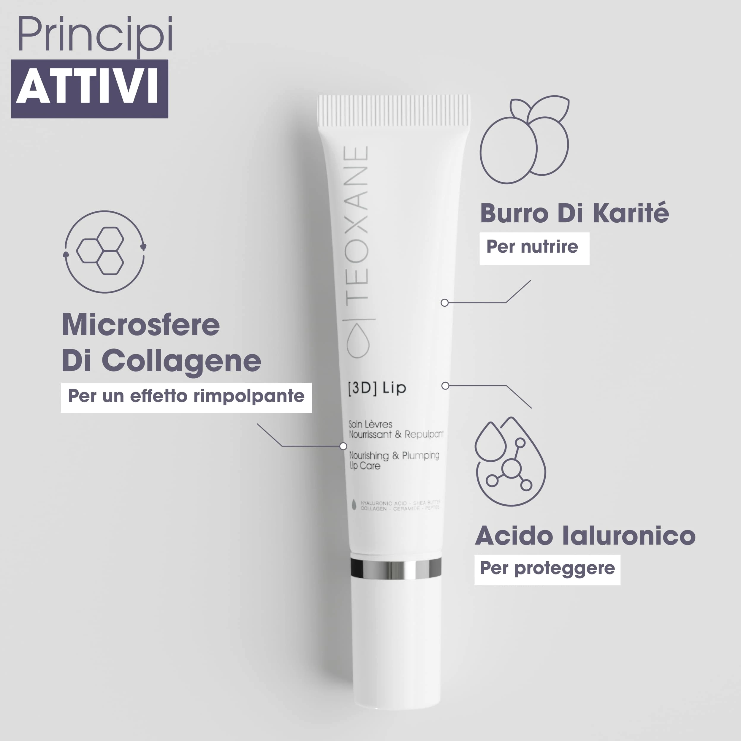 TEOXANE - [3D] Lip - Balsamo labbra 3D all’acido ialuronico, Idrata, rimpolpa e sublima, Formula con Collagene e Burro di Karité, Applicatore metallico rinfrescante, Adatto a tutti i tipi di pelle.